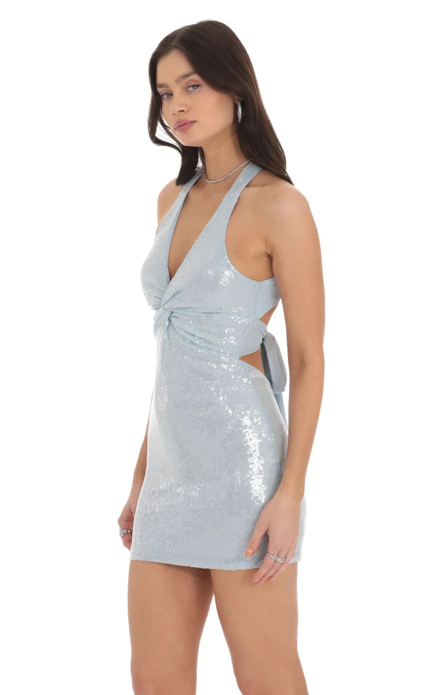 Sequin Twist V Neck Bodycon Dress in Sky Blue