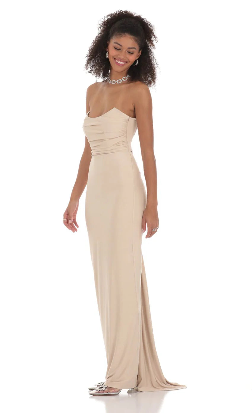 Strapless Corset Sequin Butterfly Maxi Dress in Beige