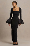 Retreat Black Square Neck Maxi Dress With Satin Puff Sleeves