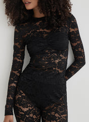 Black Lace Long Sleeve Bust Detail Top