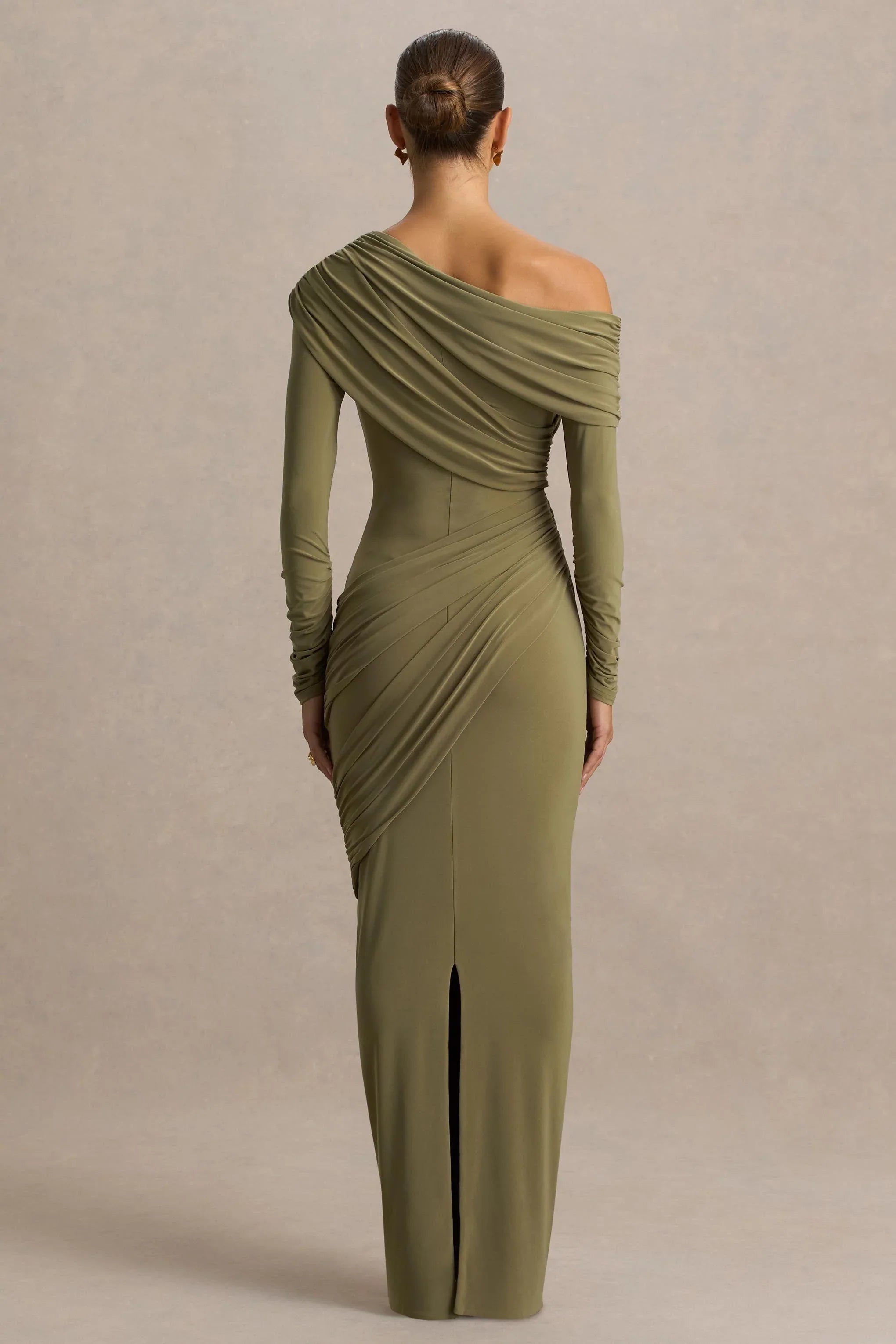 Perrie Olive Asymmetric Neck Maxi Dress With Ruched Detailing