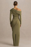 Perrie Olive Asymmetric Neck Maxi Dress With Ruched Detailing