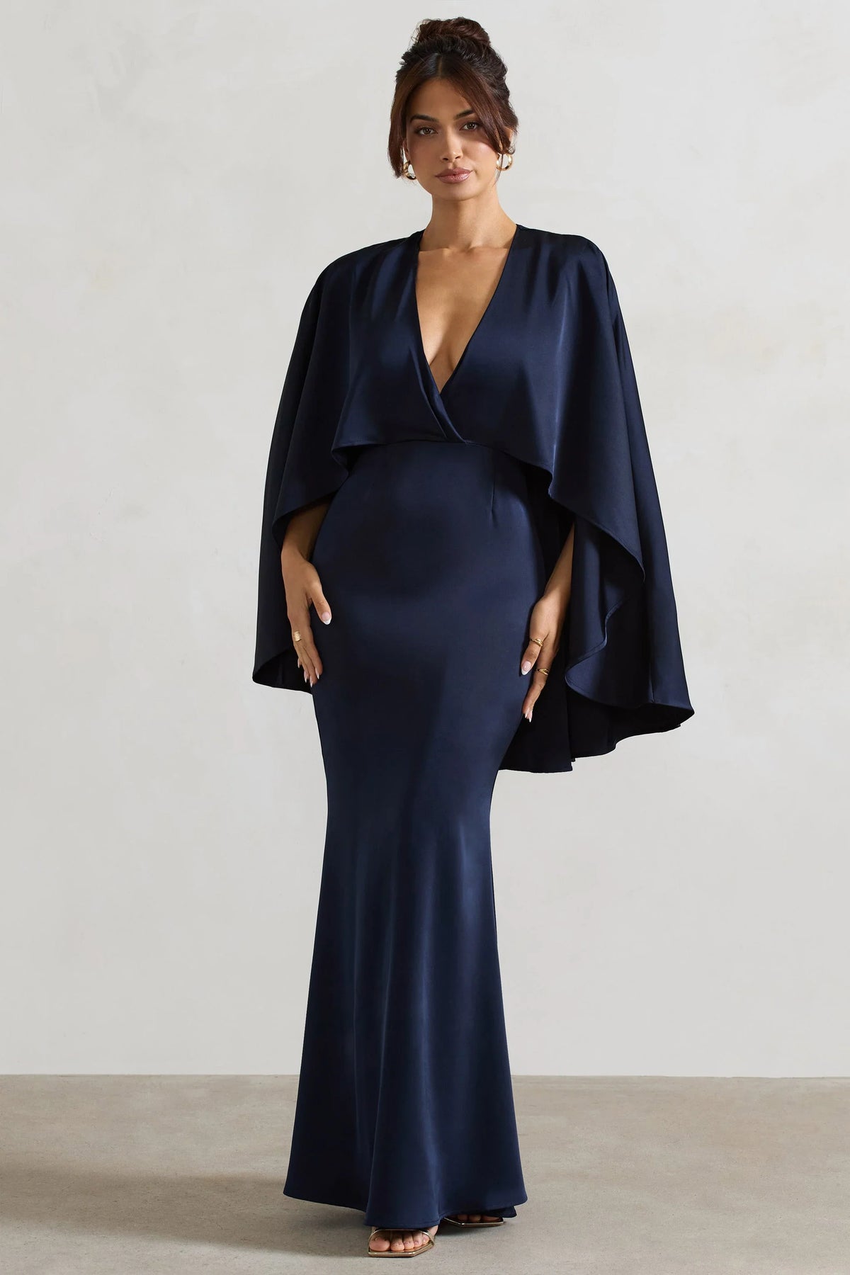 Yasie Navy Satin Plunge Neck Maxi Dress With Cape Sleeves