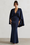 Yasie Navy Satin Plunge Neck Maxi Dress With Cape Sleeves