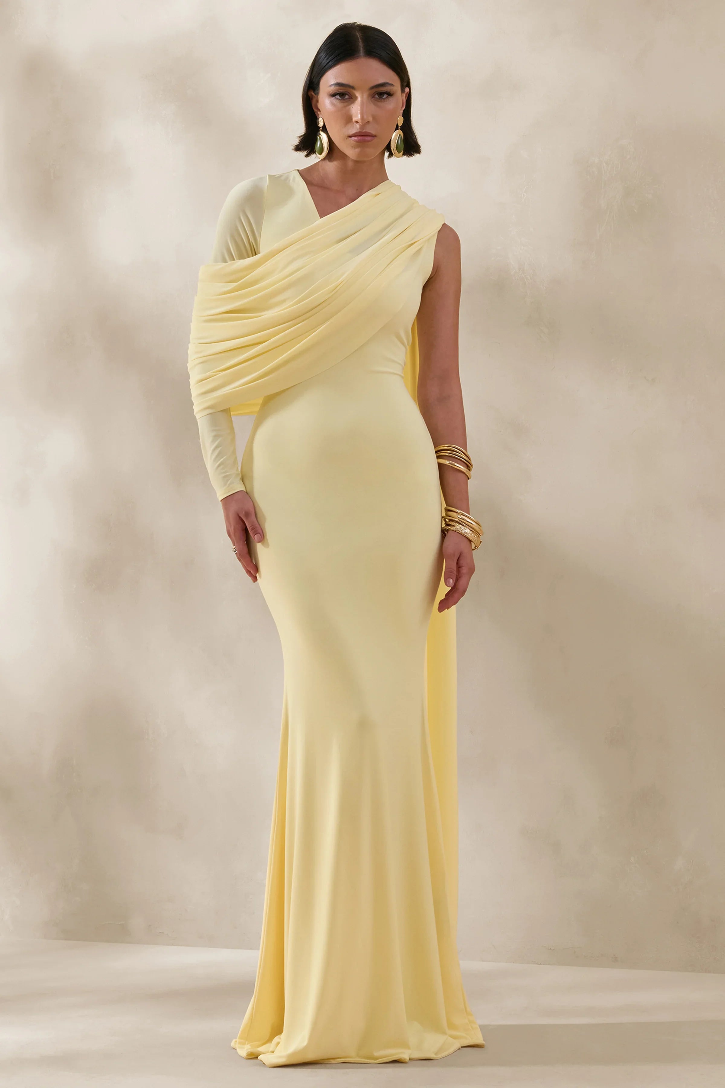 Rubelle Lemon Asymmetric Neck Maxi Dress With Draped Detailing