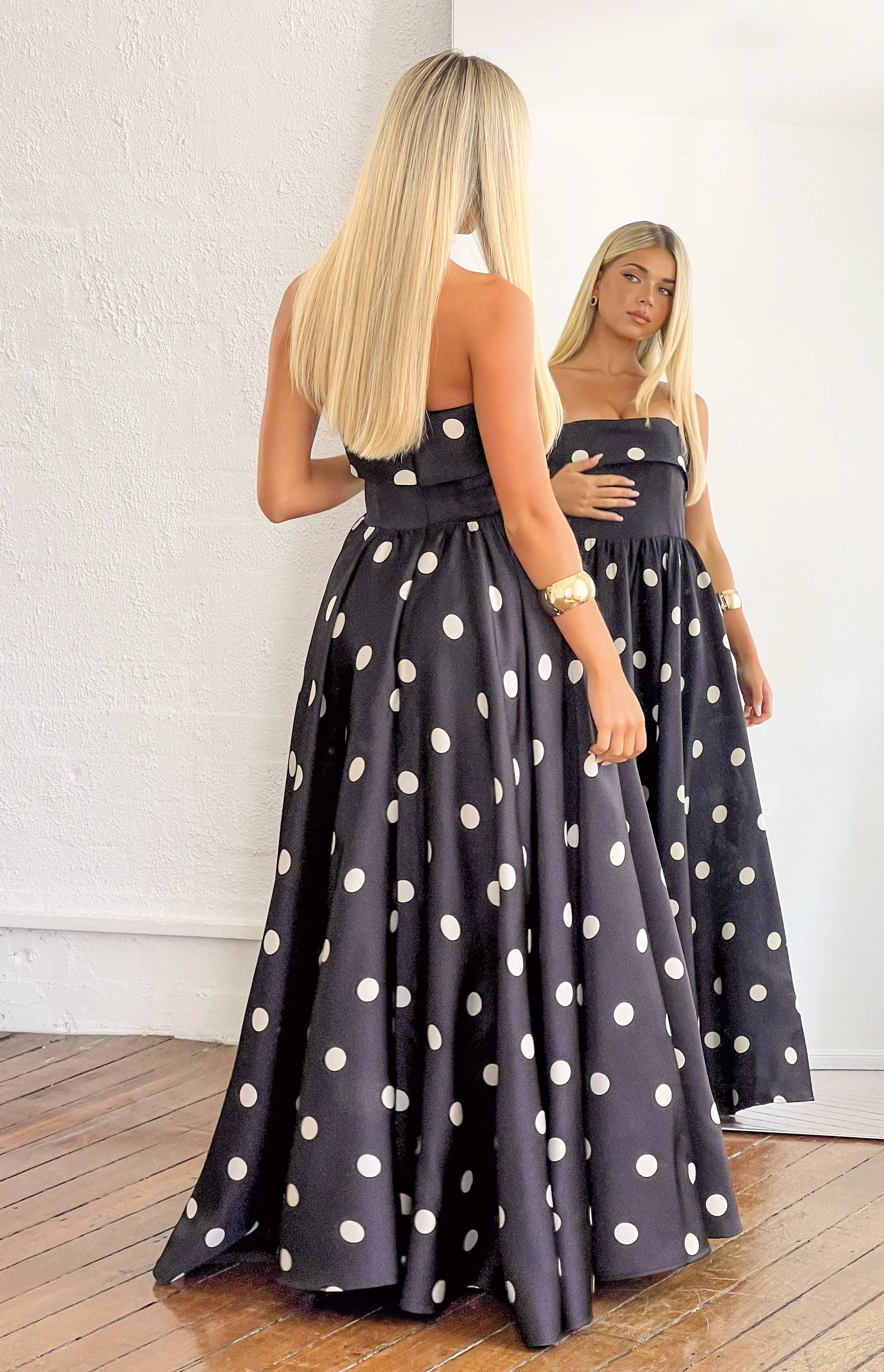 Julianne Strapless Polka Dot Satin Maxi Dress PRE ORDER