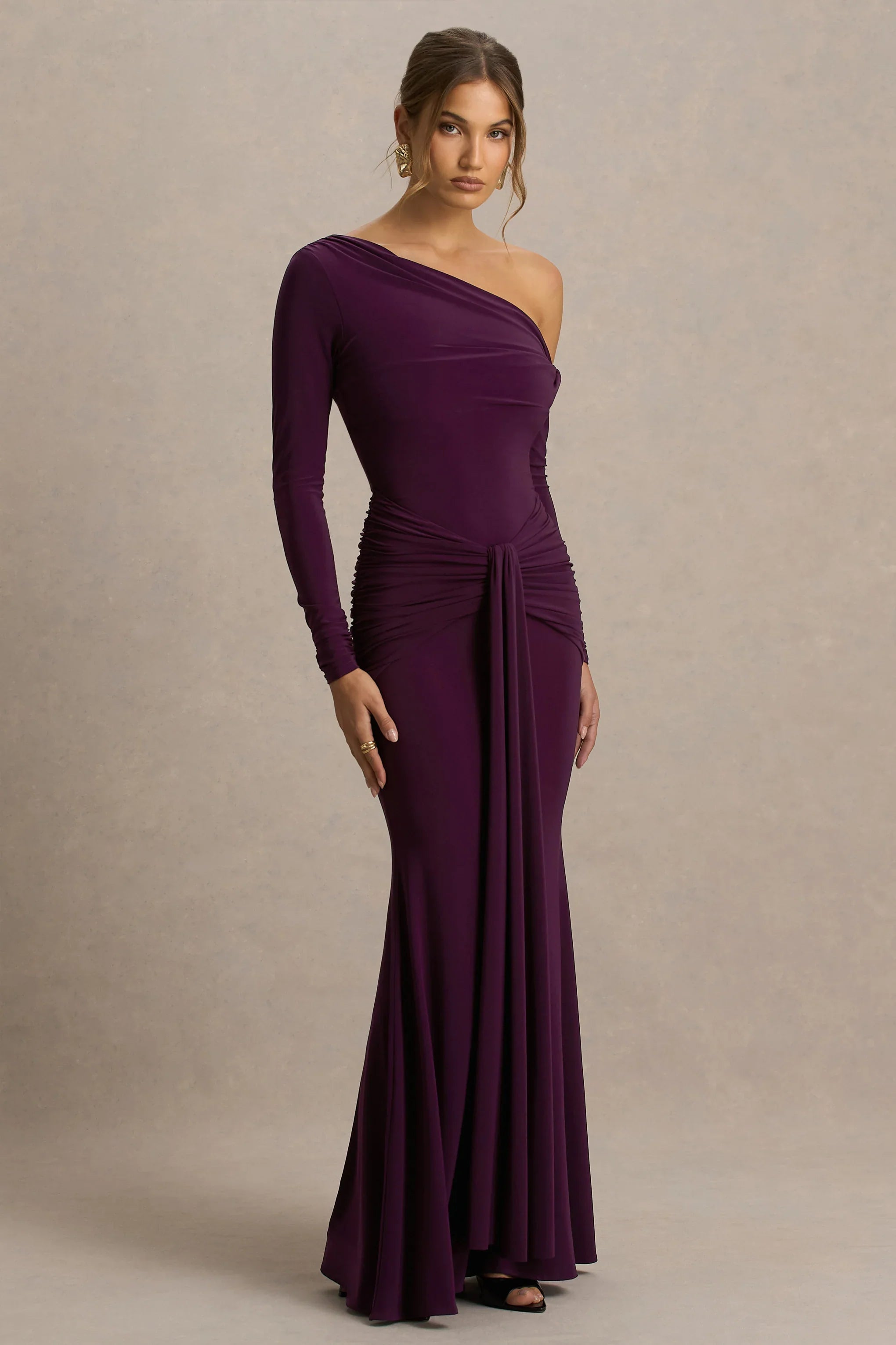 Clover Burgundy Asymmetric Neck Wrapped Maxi Dress With Sash