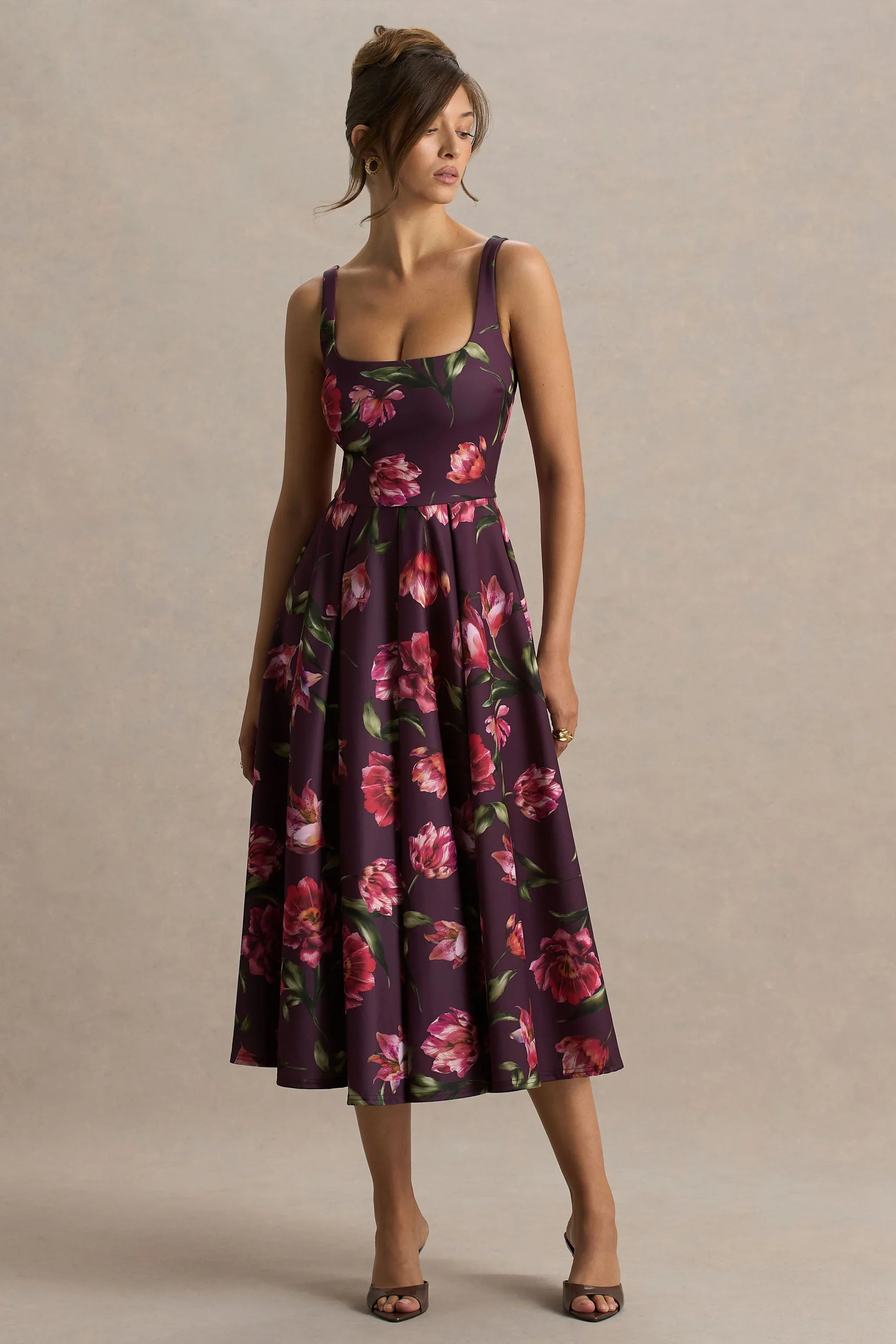Berta Burgundy Floral Print Square Neck Midi Dress