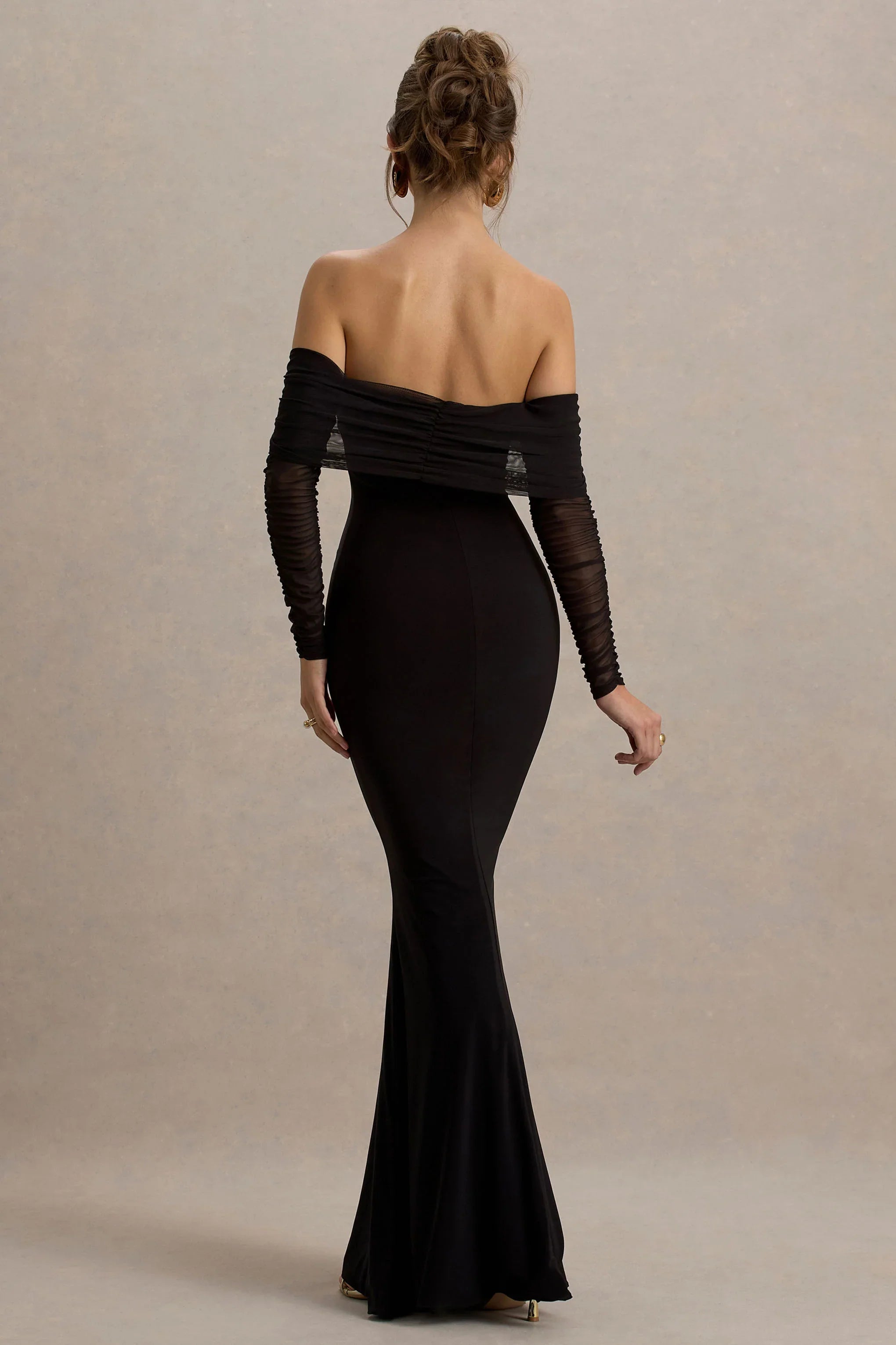 Madeleine Black Fishtail Maxi Dress With Bardot Mesh Long Sleeves
