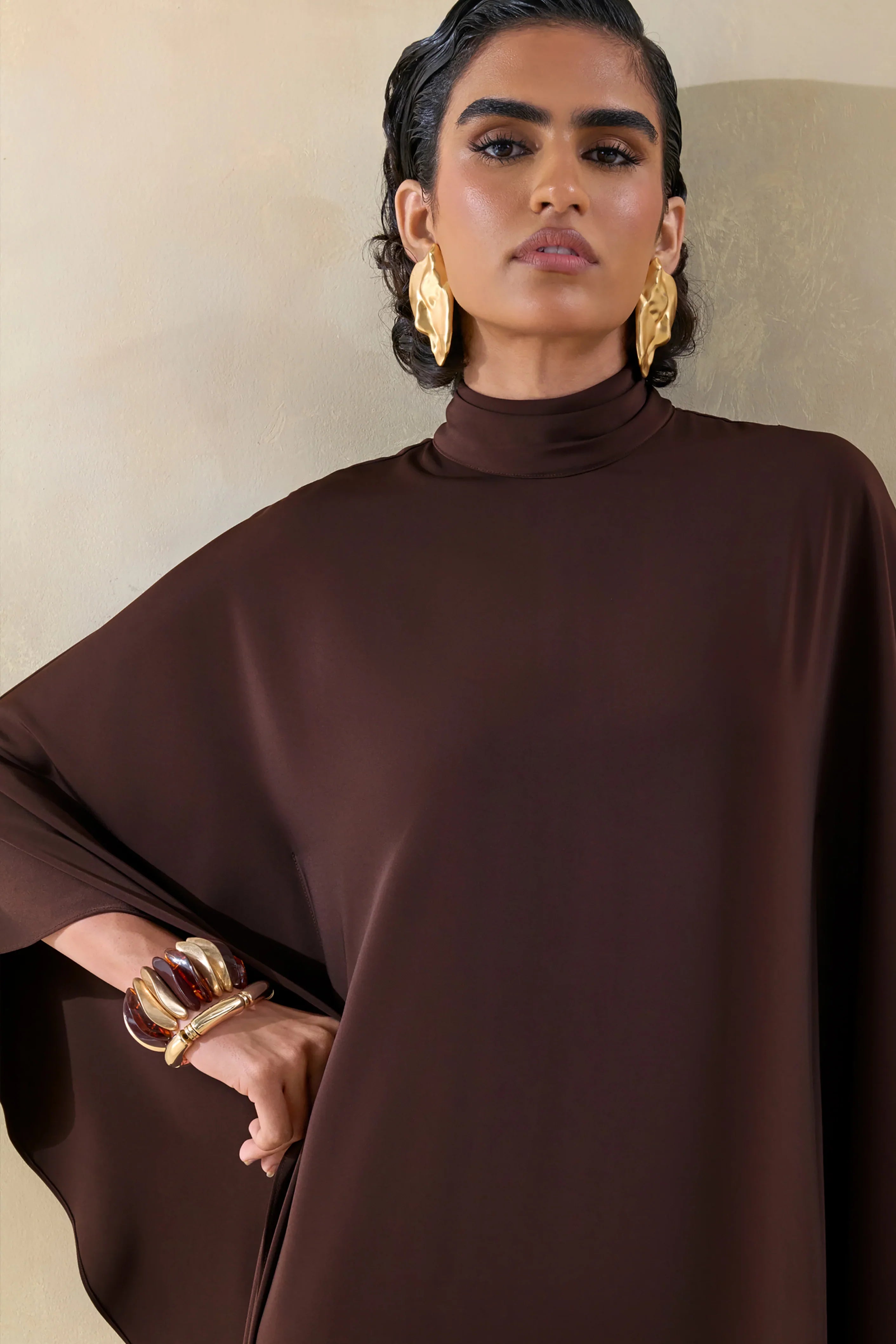 Lumisette Brown Satin High Neck Maxi Dress With Cape