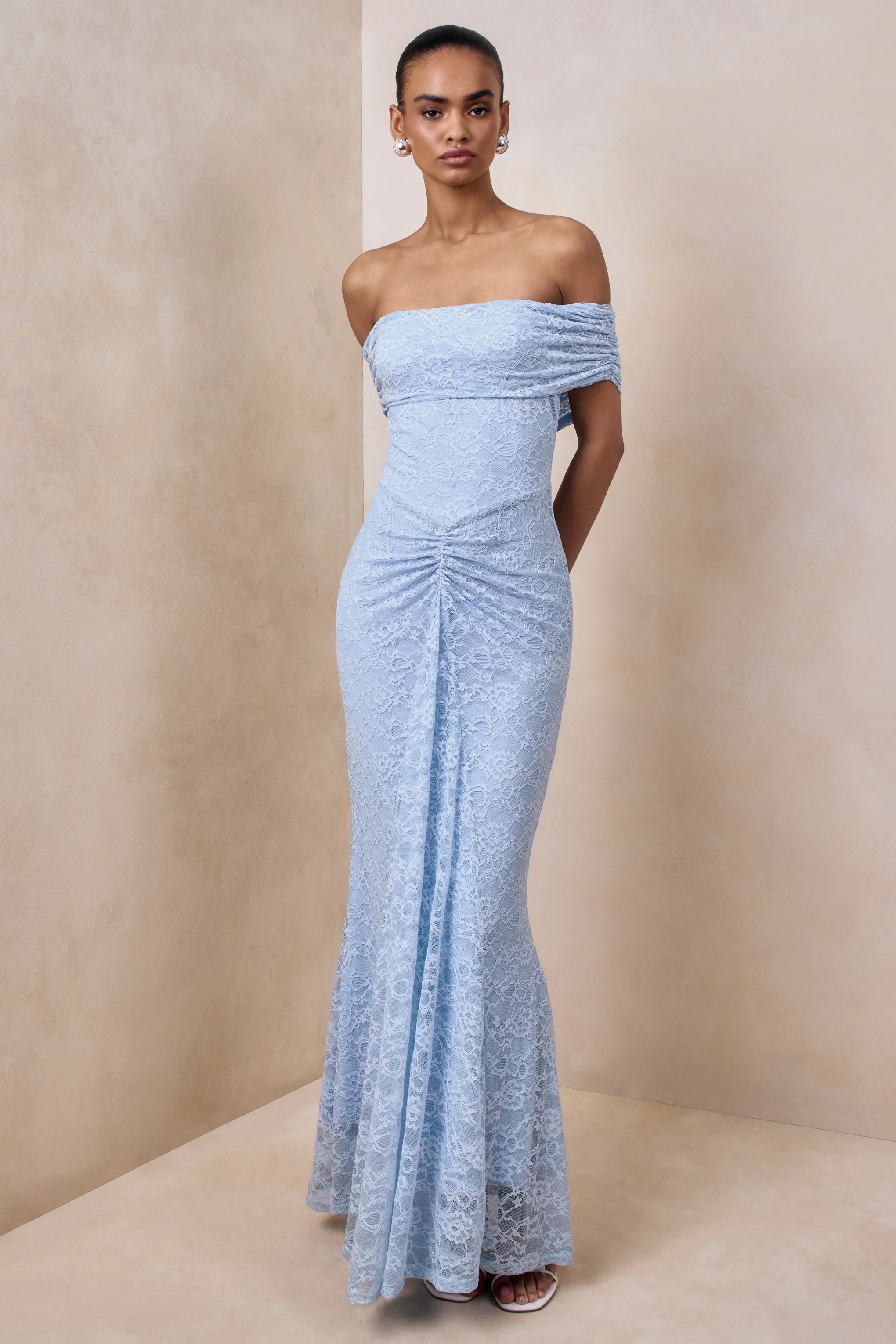 Elinor Powder Blue Lace Bardot Neck Maxi Dress With Gathered Detailing