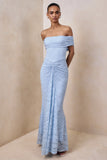 Elinor Powder Blue Lace Bardot Neck Maxi Dress With Gathered Detailing