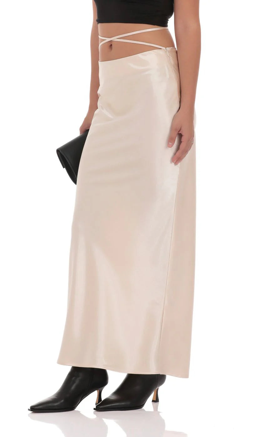 Satin Wrap Maxi Skirt in Champagne