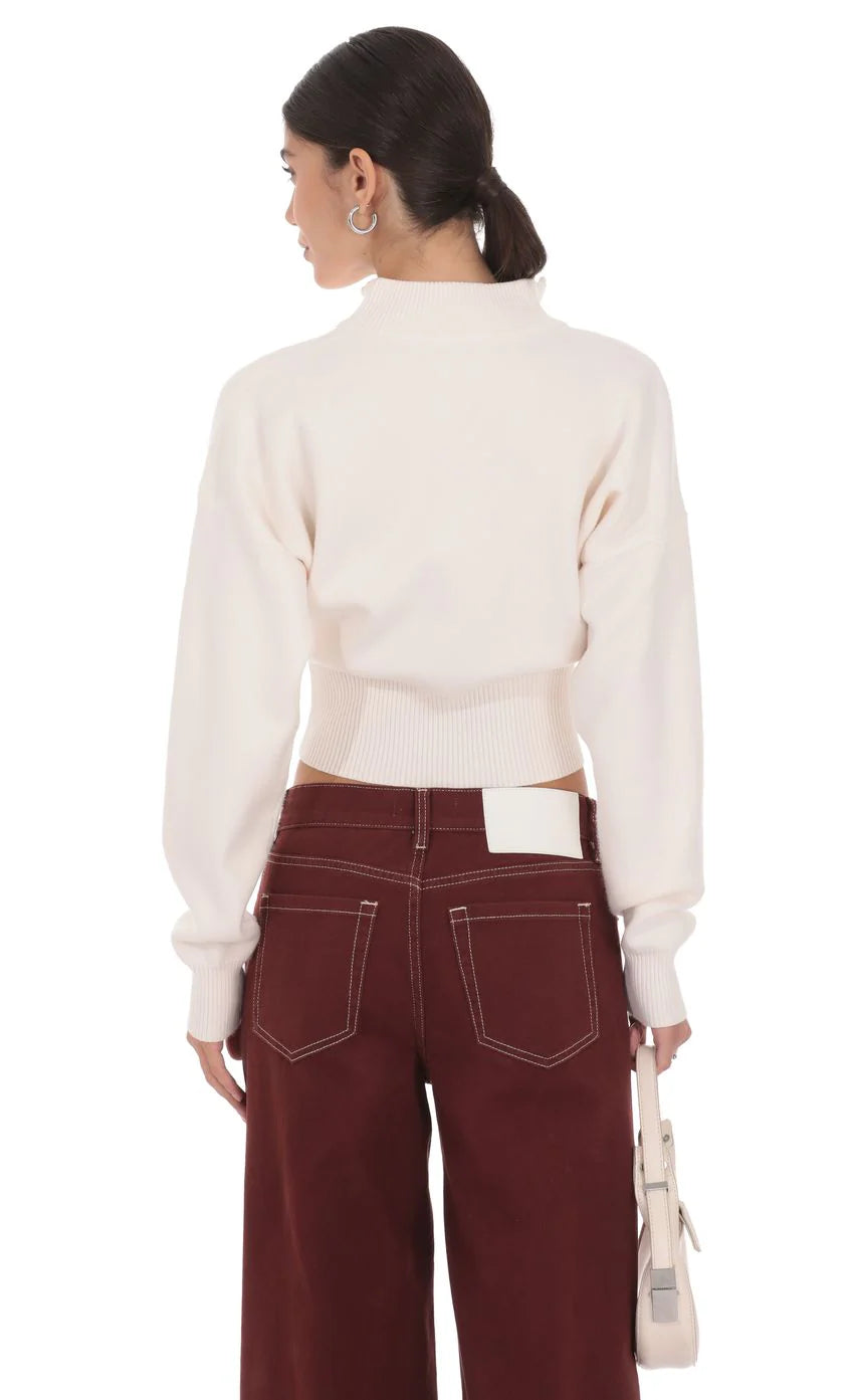 Knit Mock Neck Zip Up Cardigan in Ivory