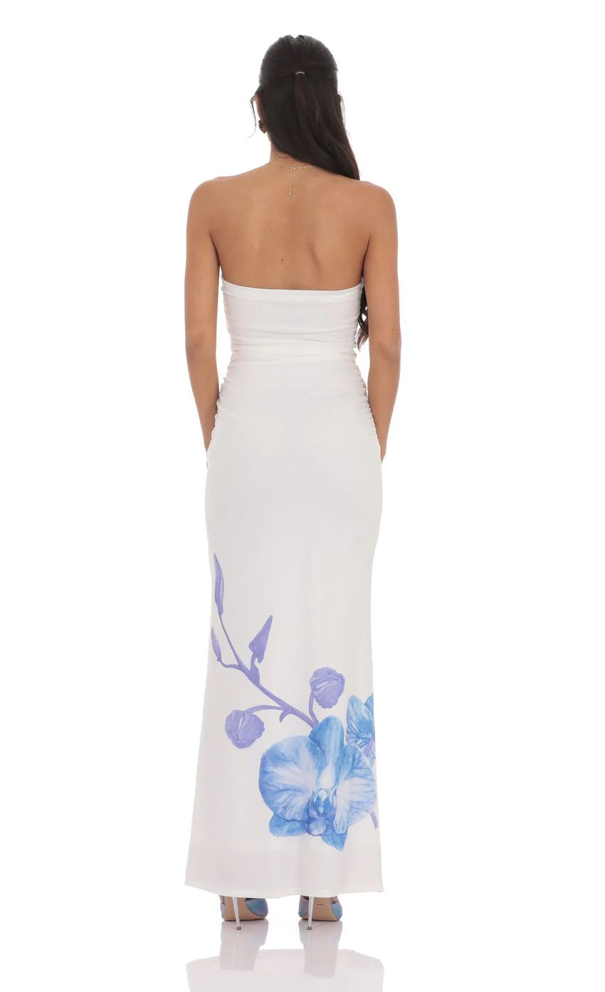 Strapless Floral Print Maxi Dress in White