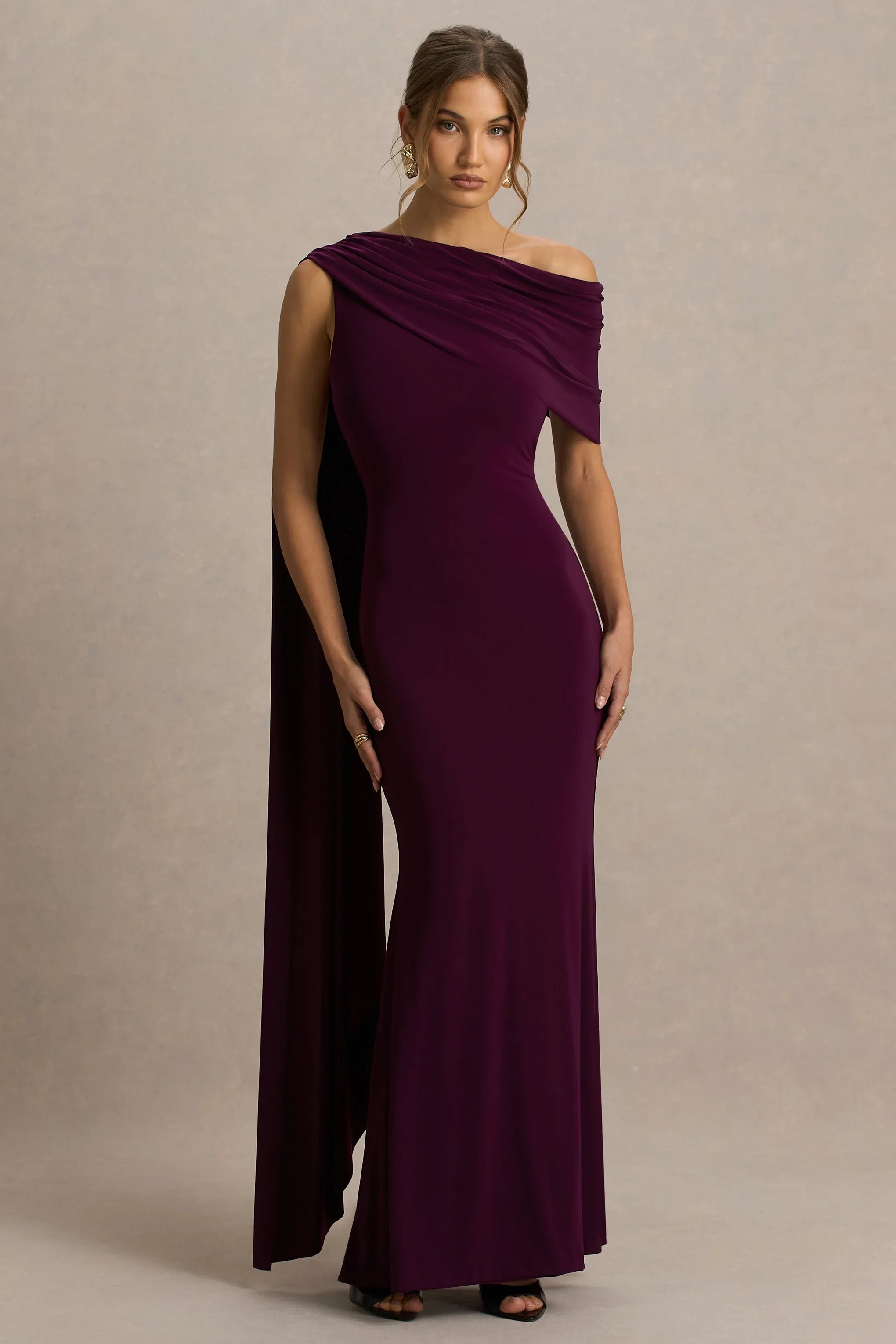 Tiana Dark Plum Asymmetric Neck Maxi Dress With Draped Detail