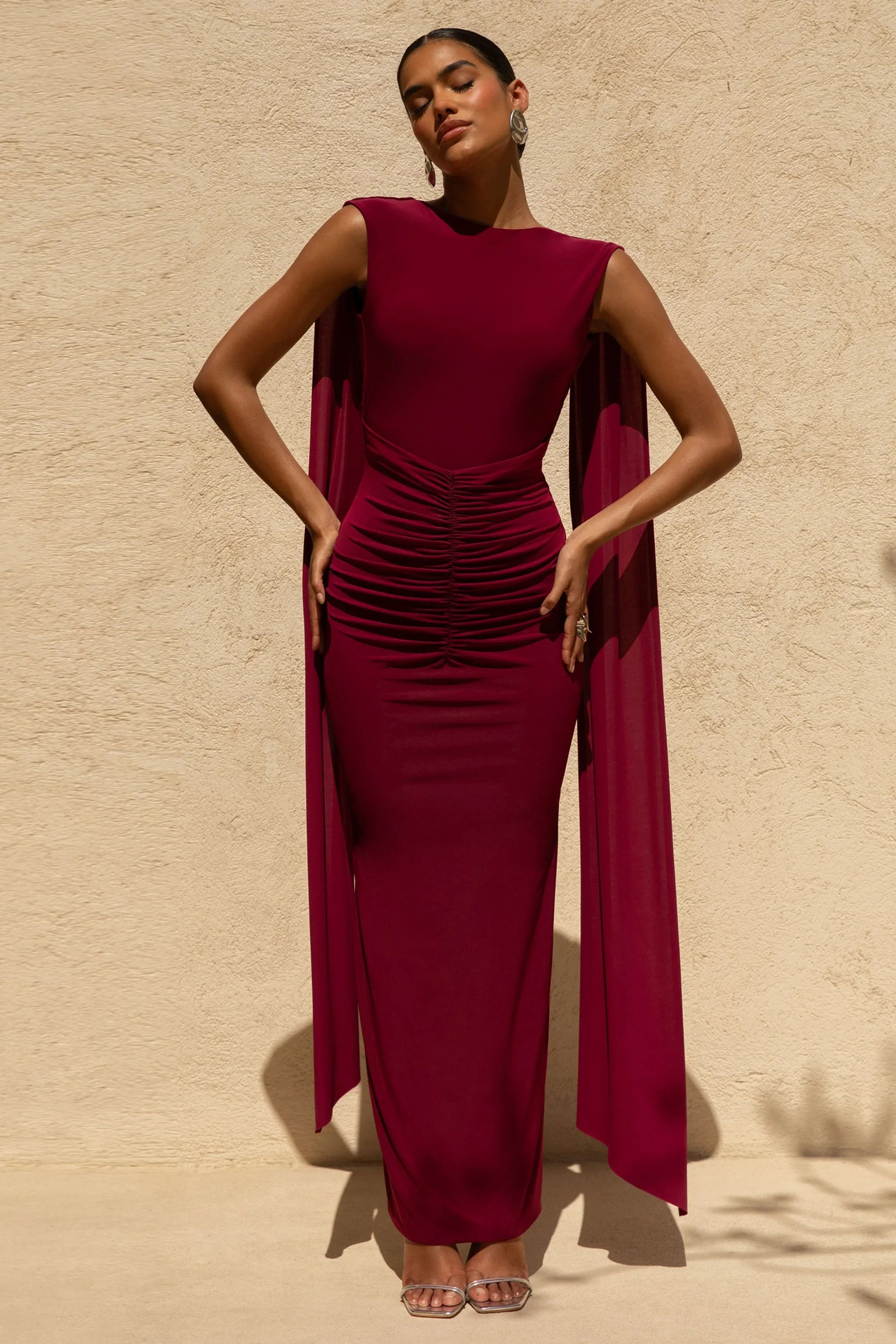 Saige Burgundy Cap Sleeve Gathered Maxi Dress
