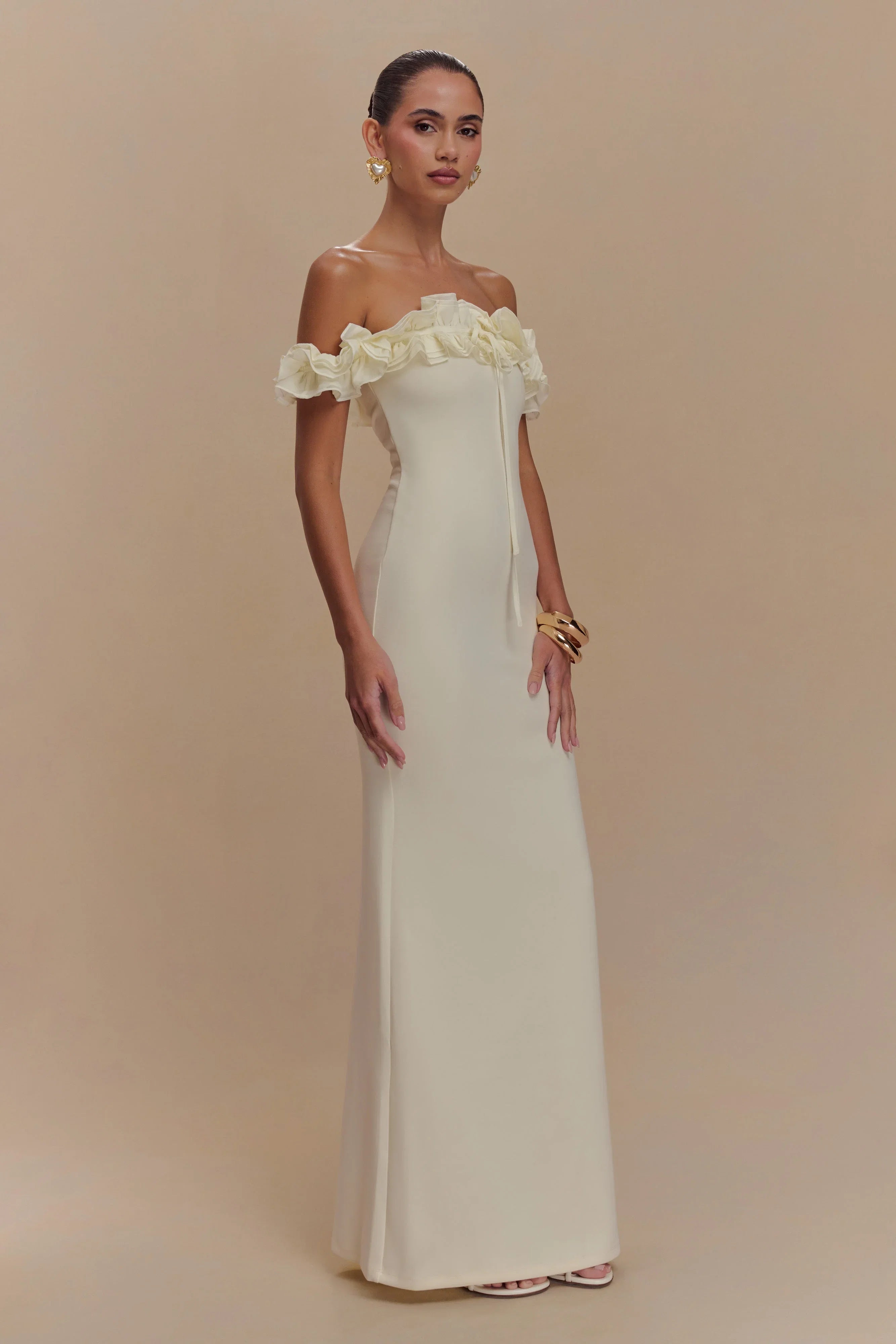 Nova Ruffle Off Shoulder Maxi Dress Ivory