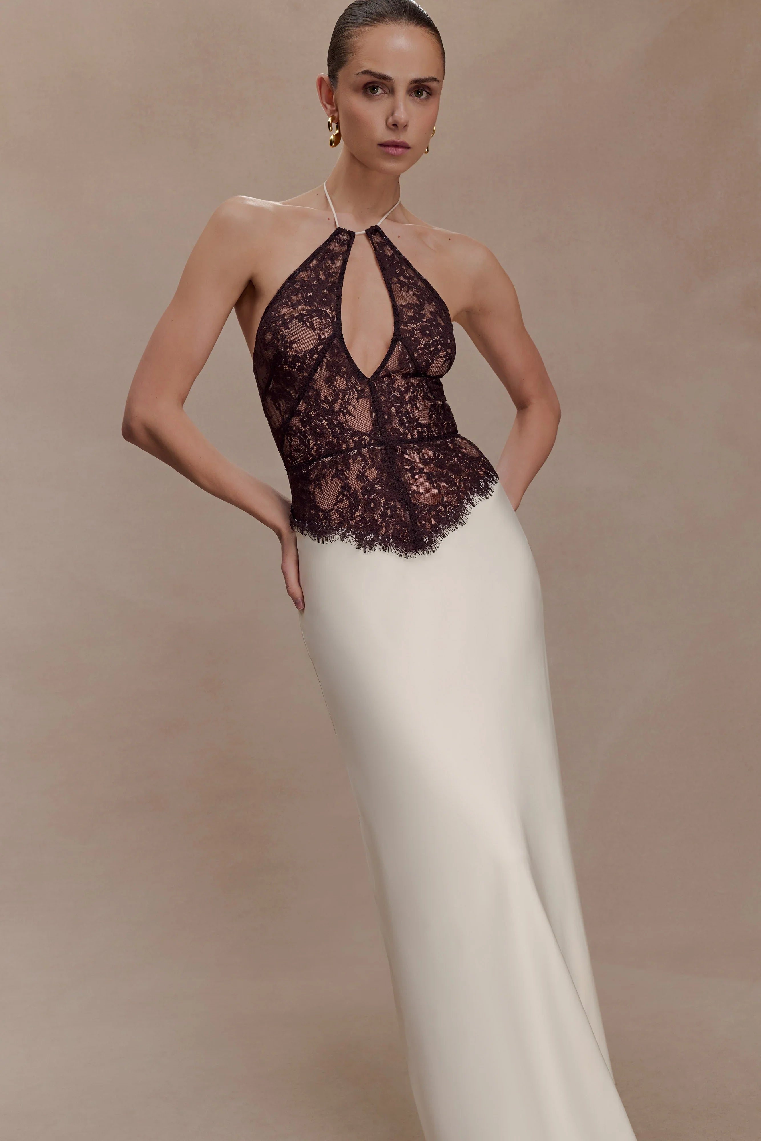 Sascha Lace And Satin Halter Maxi Dress Ivory Chocolate