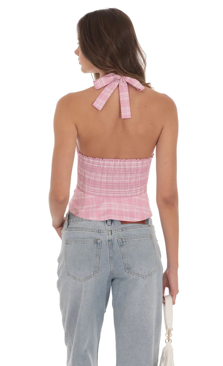 Plaid V Neck Halter Top in Pink