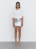 Silver Metallic Faux Leather Mini Skirt