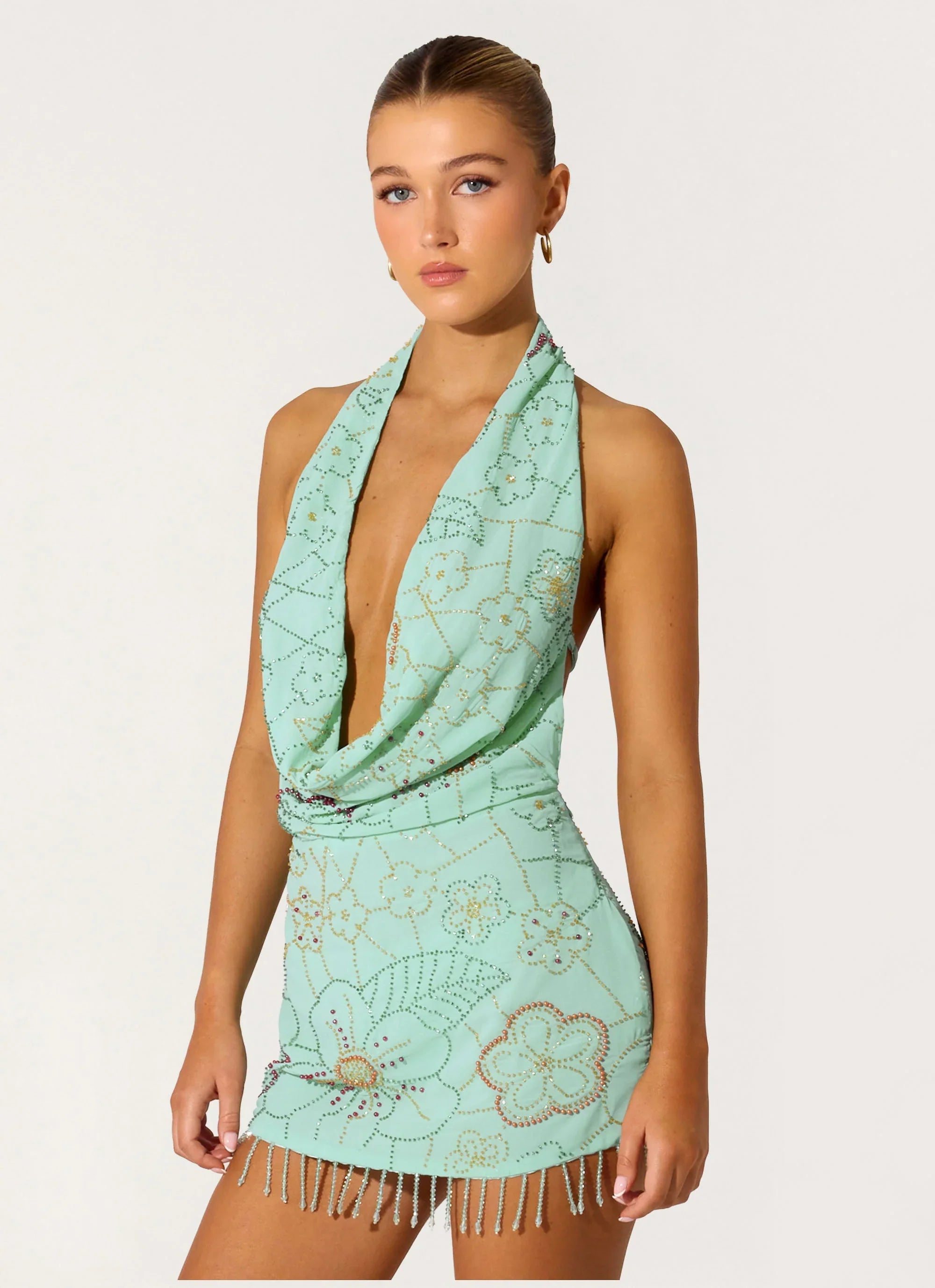 Outlaw Beaded Mini Dress Mint Aqua