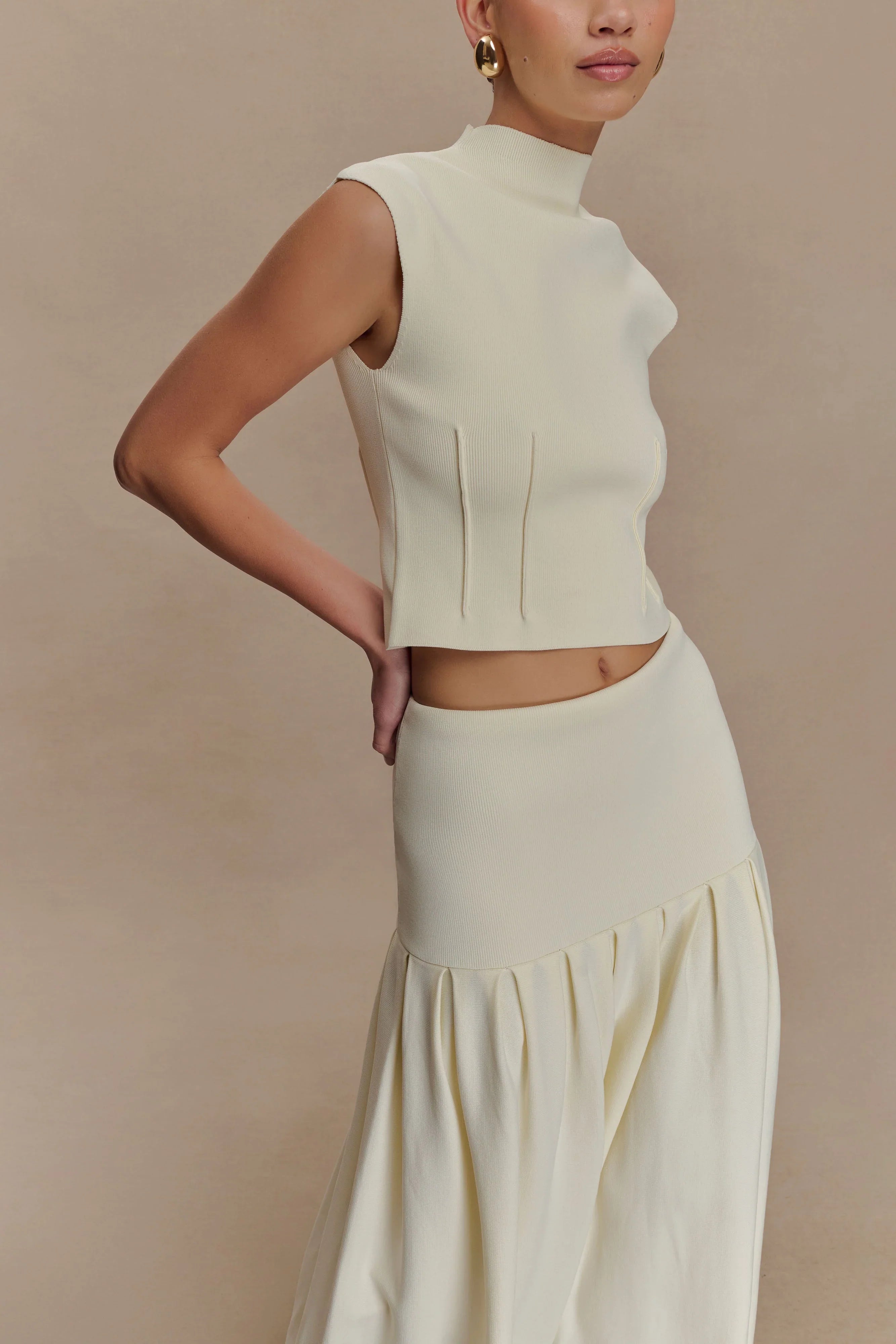 Romaine High Neck Bandage Knit Top Ivory