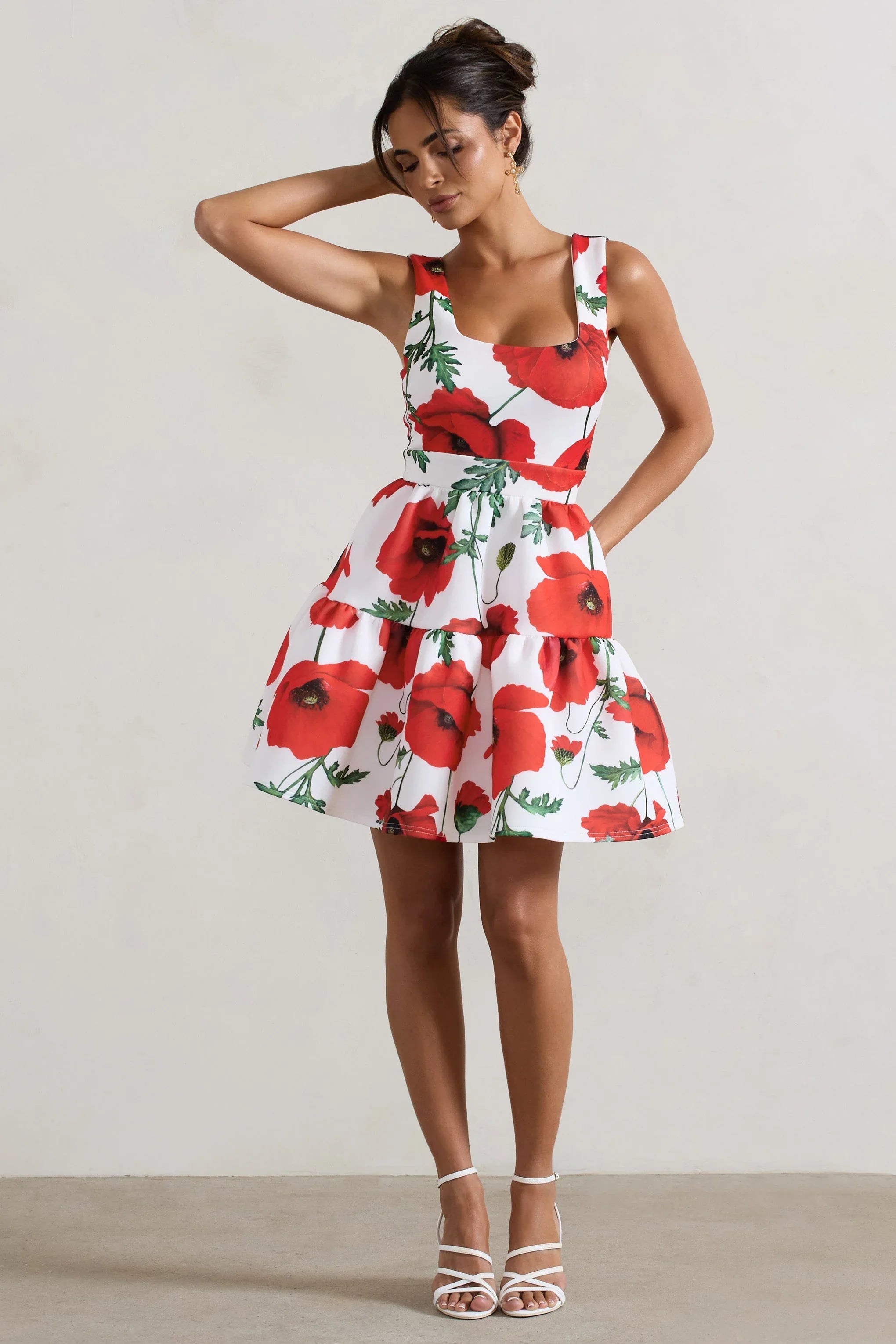 Alia Poppy Print Scoop Neck Tiered Volume Hem Mini Dress