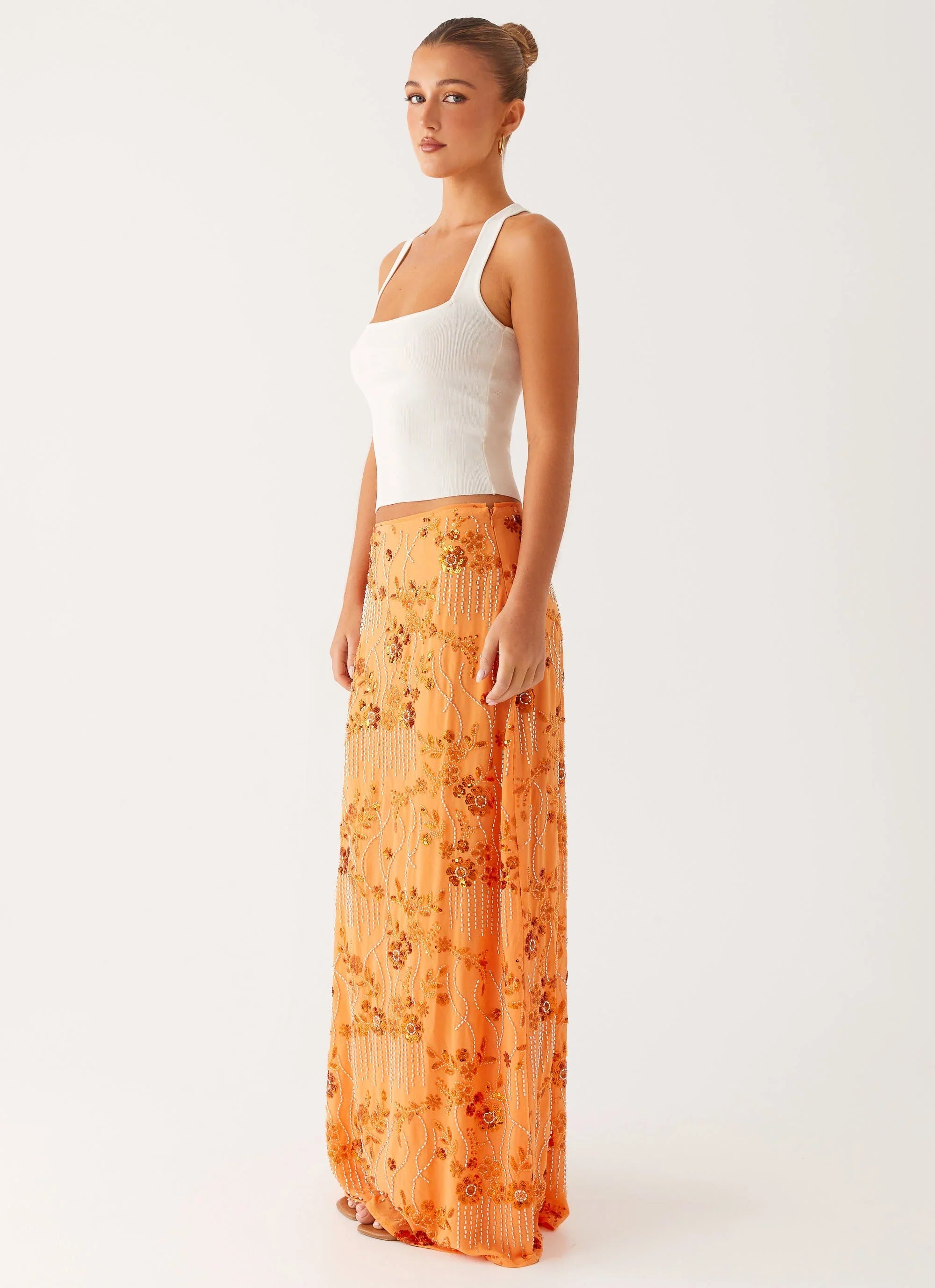 Corinna Low Rise Sequin Maxi Skirt Orange