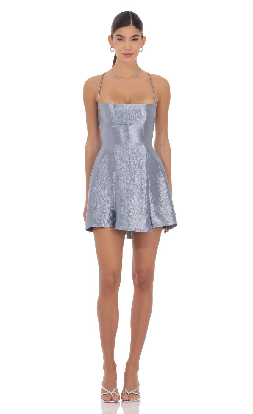 Crinkle Metallic Fit and Flare Dress in Slate Blue