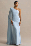 Athens Powder Blue Asymmetric Neck Maxi Dress With Cape Sleeve Detail