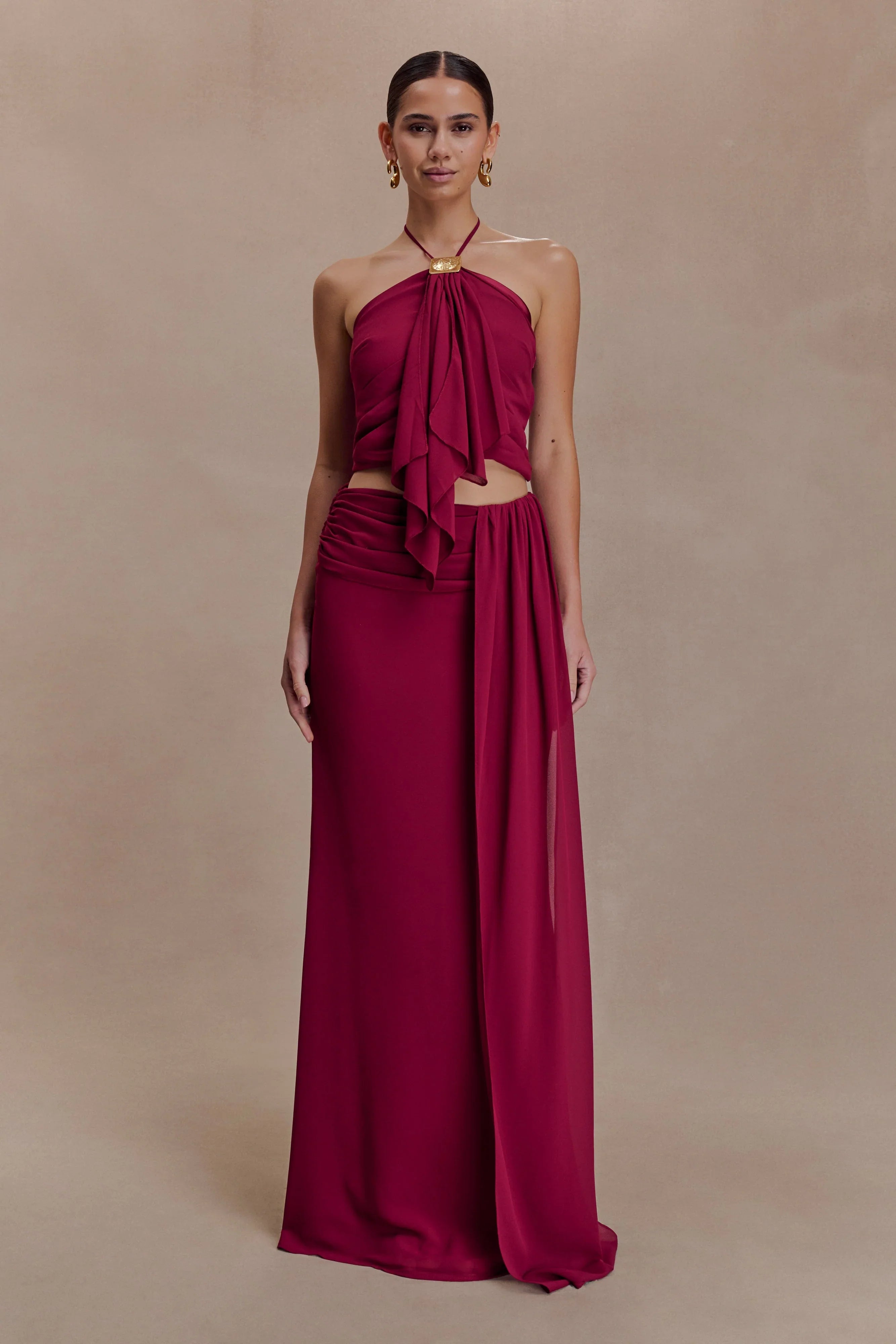 Celina Chiffon Halter Top With Hardware Cherry Red