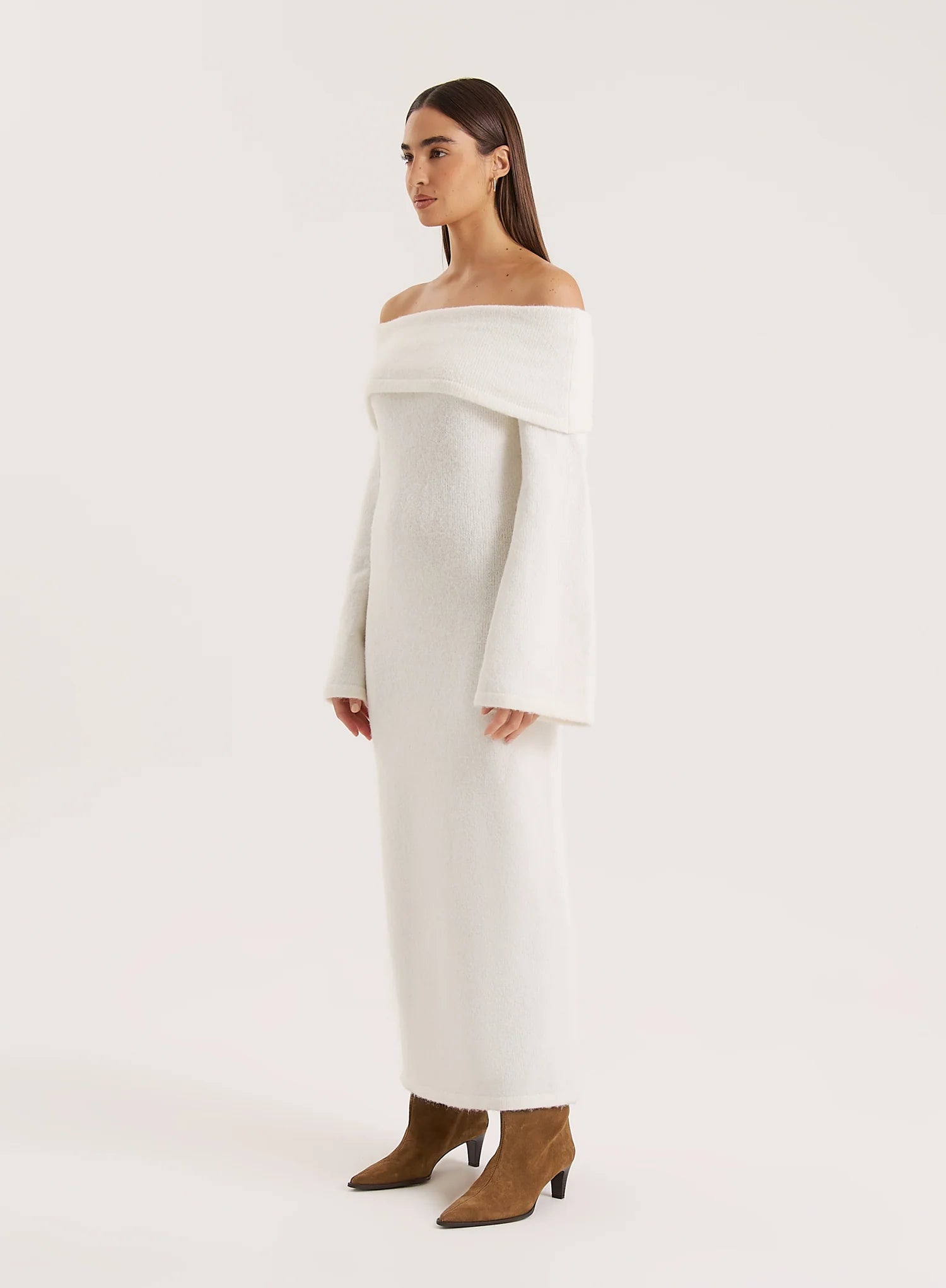 Cream Off Shoulder Wool Blend Knitted Maxi Dress