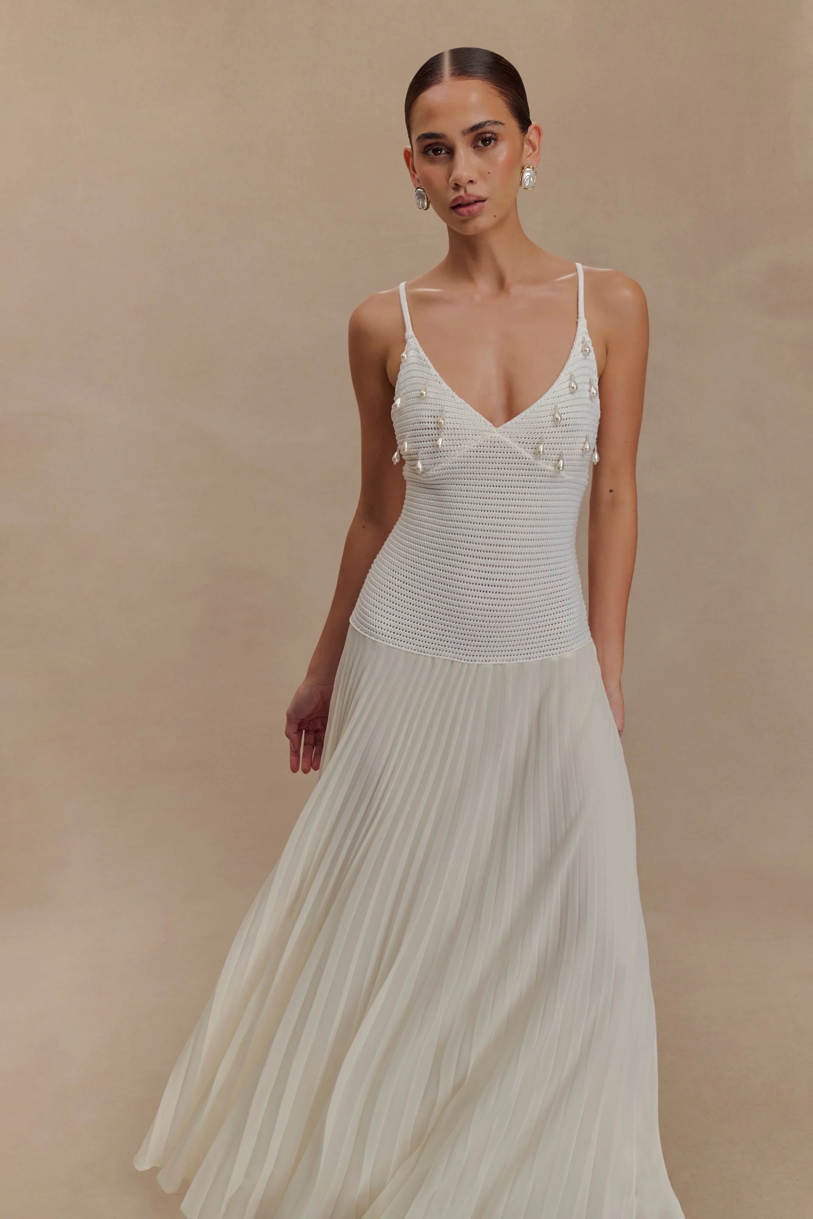 Catherine Crochet Pearl Maxi Dress White