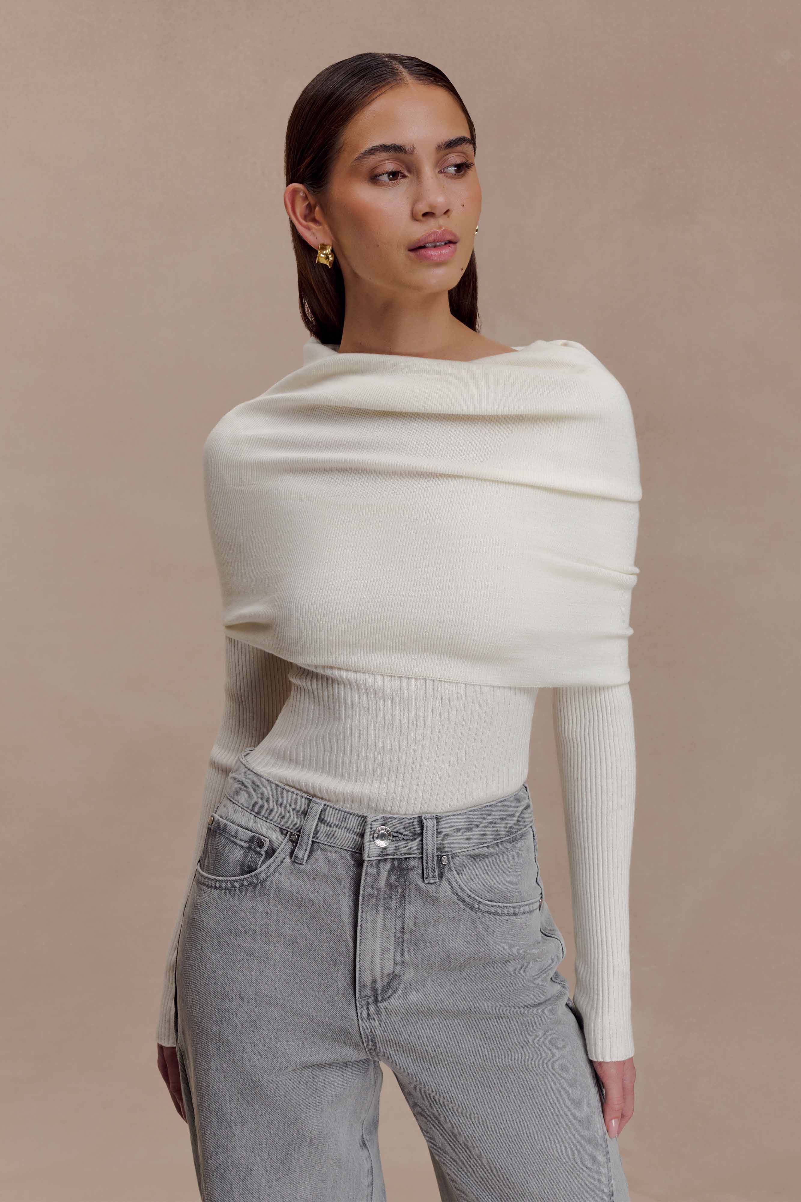 Mazie Asymetrical Cashmere Blend Long Sleeve Knit Top Ivory