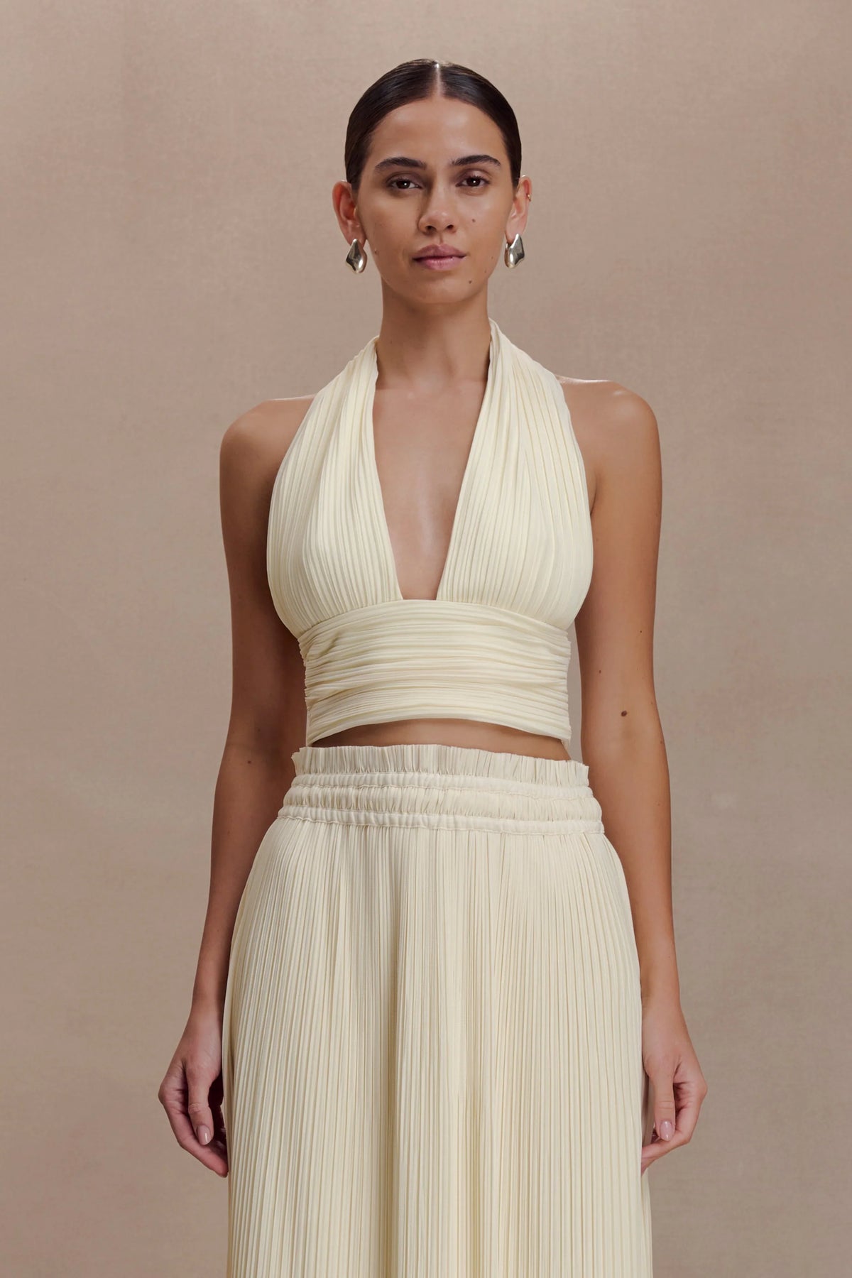 Amaris Sleeveless Plisse Halter Top Lemon