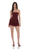 Lace Strapless Ruched Ruffle Dress in Burgundy