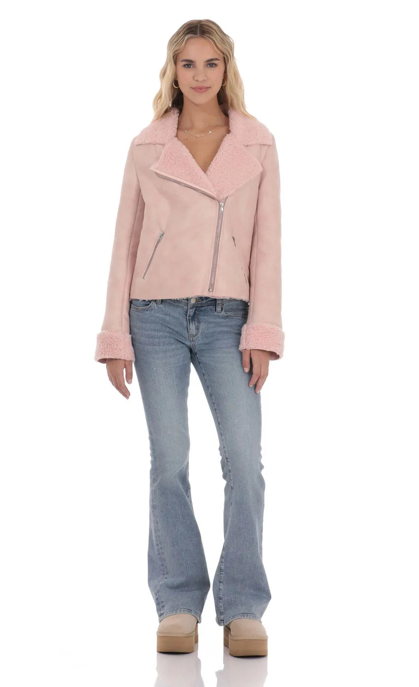 Sherpa Collar Suede Jacket in Pink