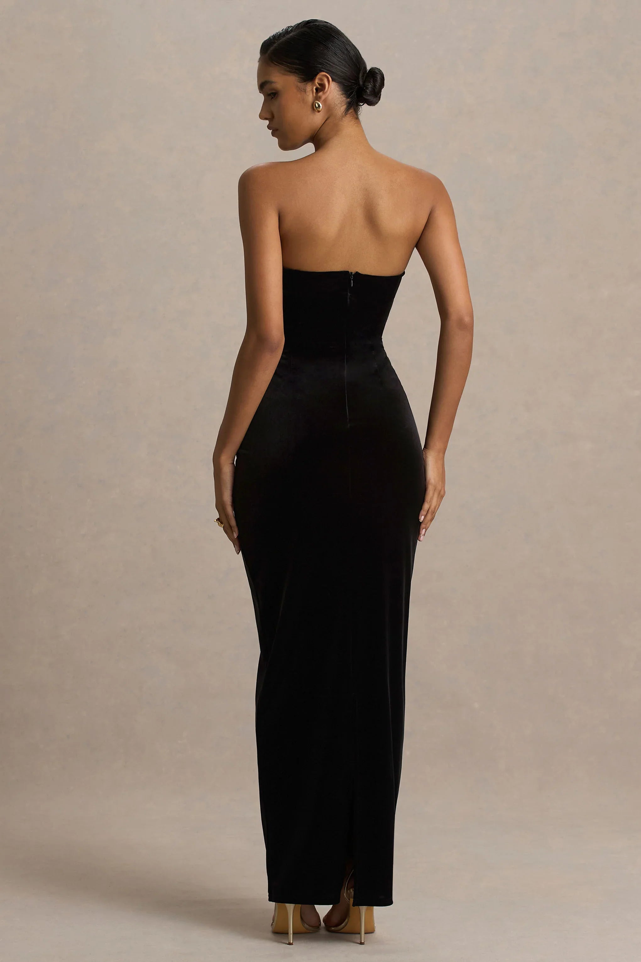 Illusion Black Velvet Bandeau Maxi Dress With Bow Detail