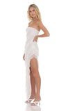 Mesh Ruffle Strapless Maxi Dress in White
