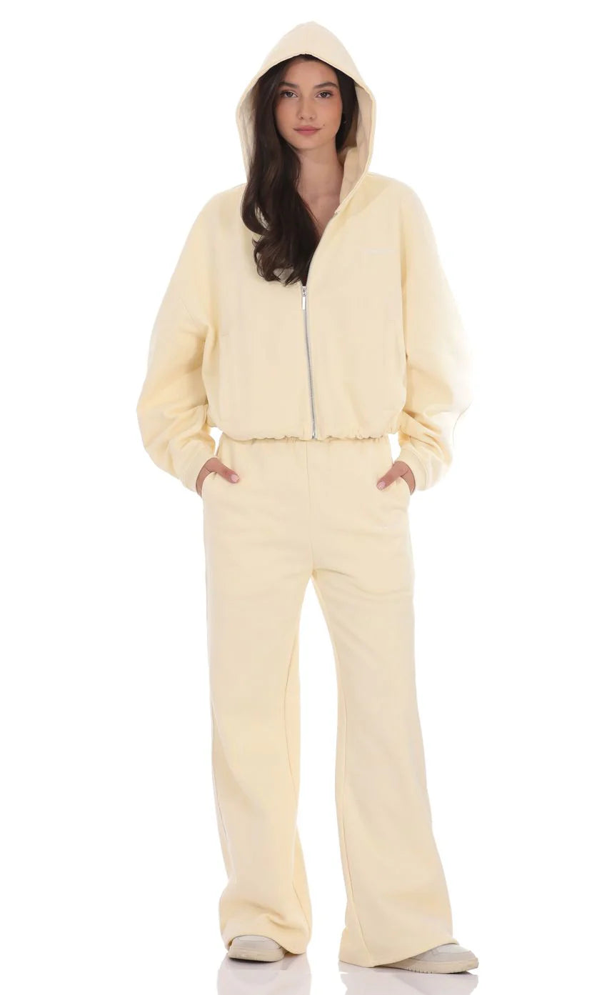 Cropped Cinch Waist Hoodie in Cream