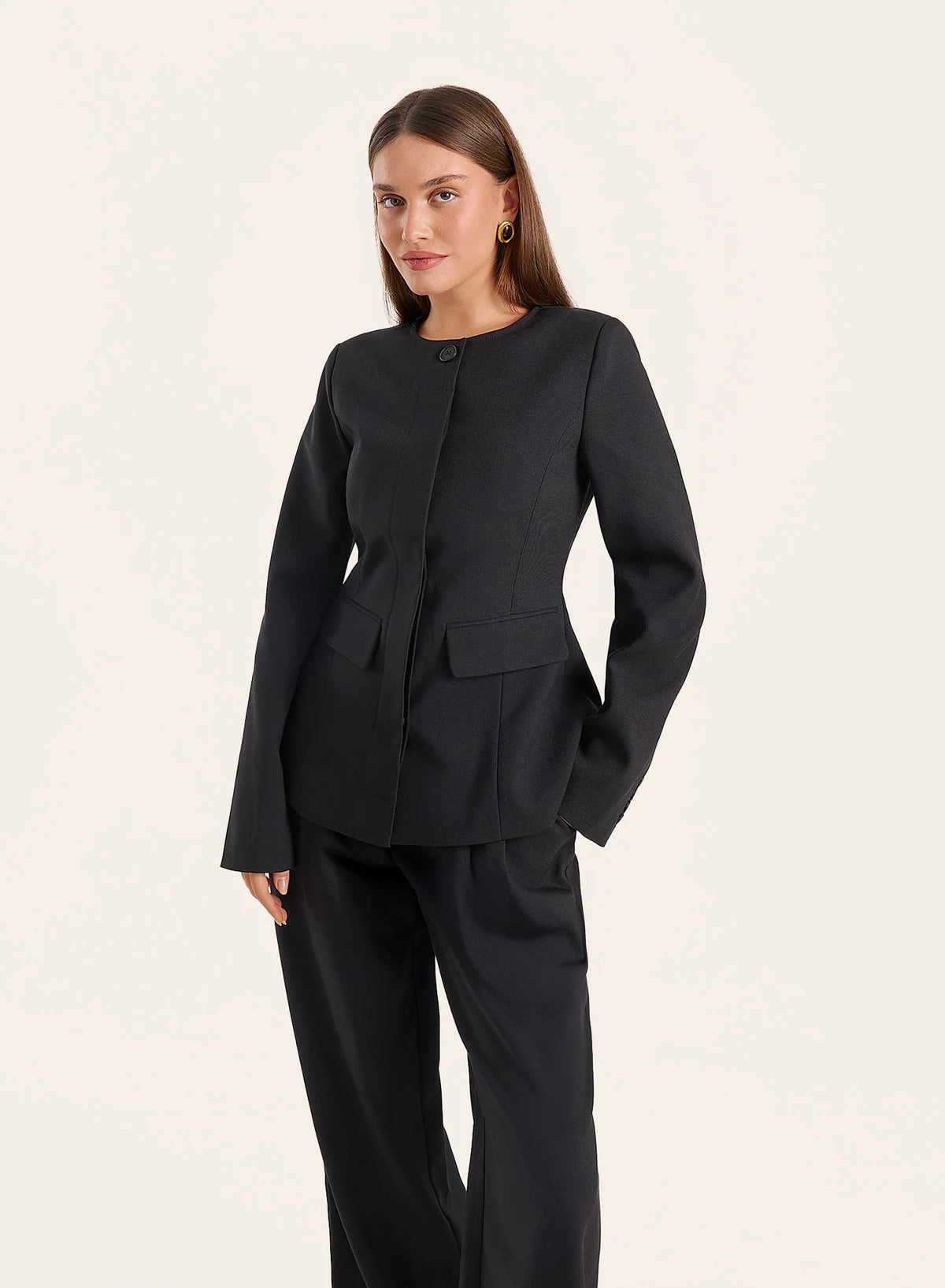 Black Collarless Cinched Waist Tailored Blazer