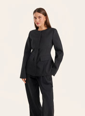 Black Collarless Cinched Waist Tailored Blazer