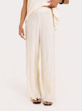 Cream Elasticated Waist Wide Leg Plisse Trousers