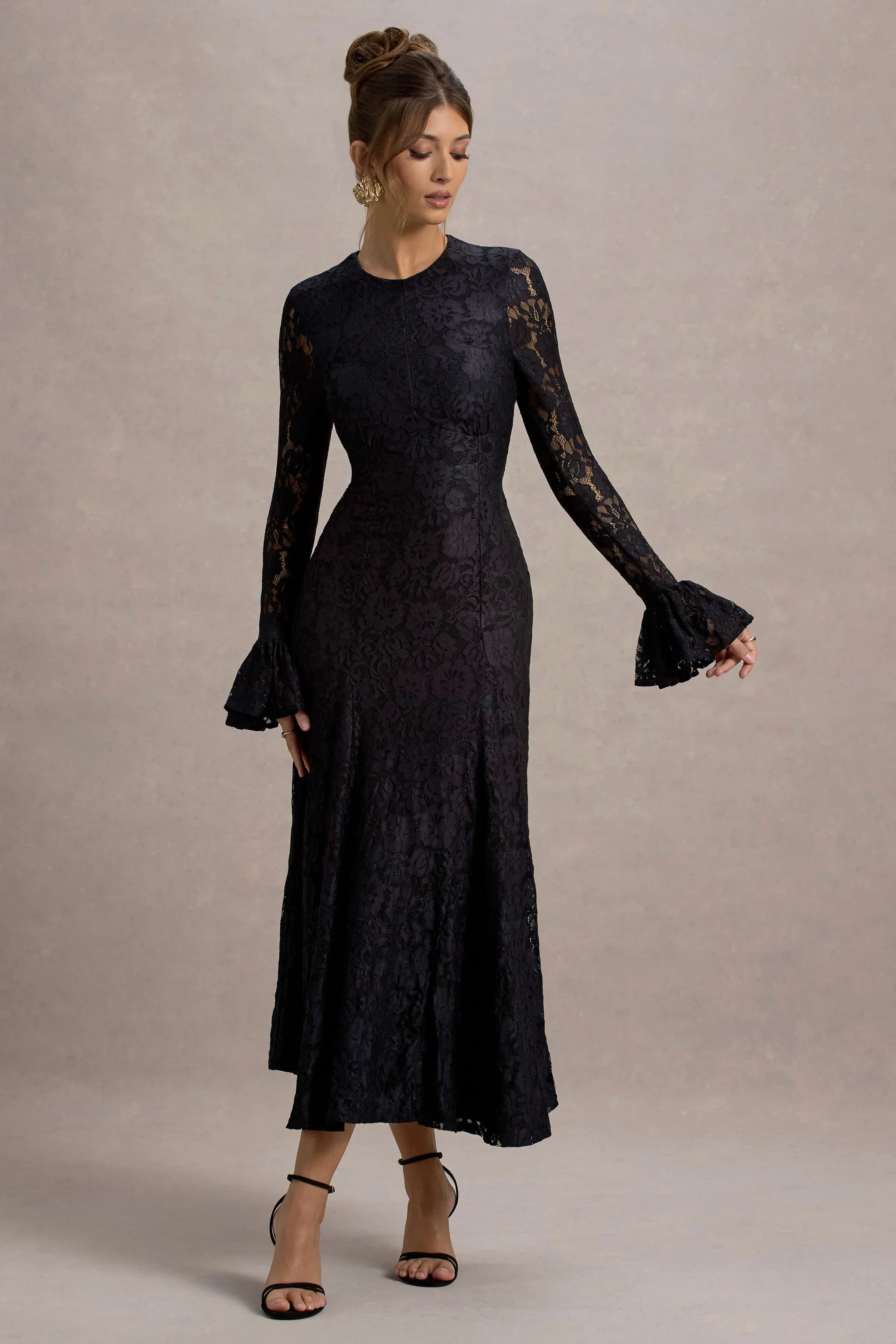 For Life Black Lace Long Sleeve Midi Dress