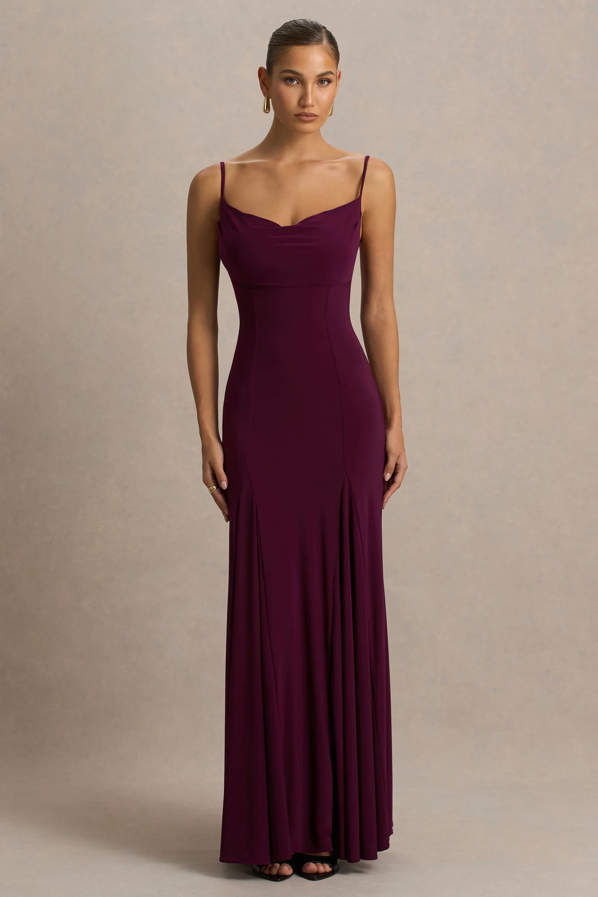 Gabbie Burgundy Cowl Neck Maxi Dress With Mesh Back Detail