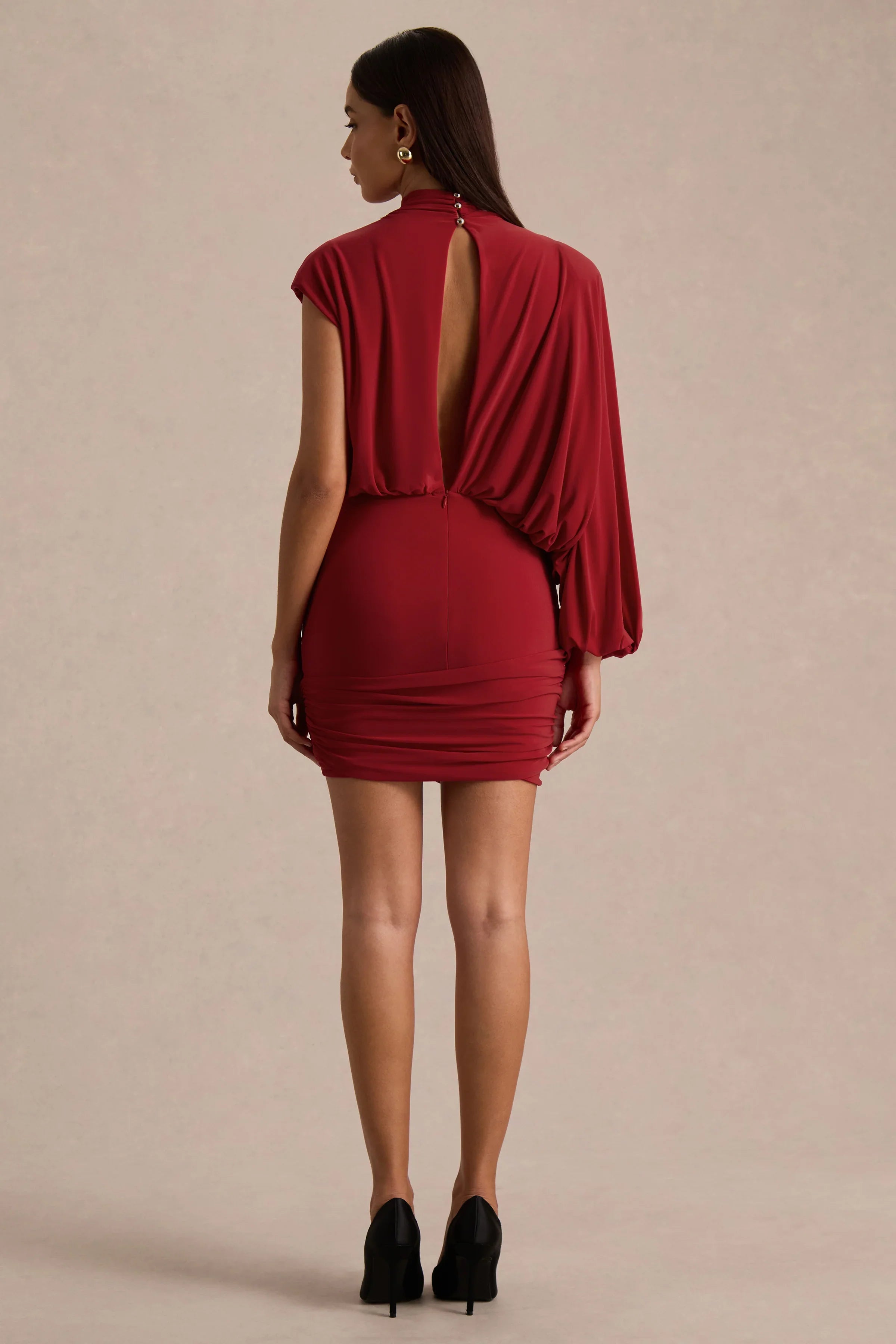 Zelda Red High Neck Mini Dress With One Long Sleeve And Twisted Detail
