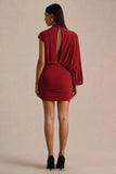 Zelda Red High Neck Mini Dress With One Long Sleeve And Twisted Detail
