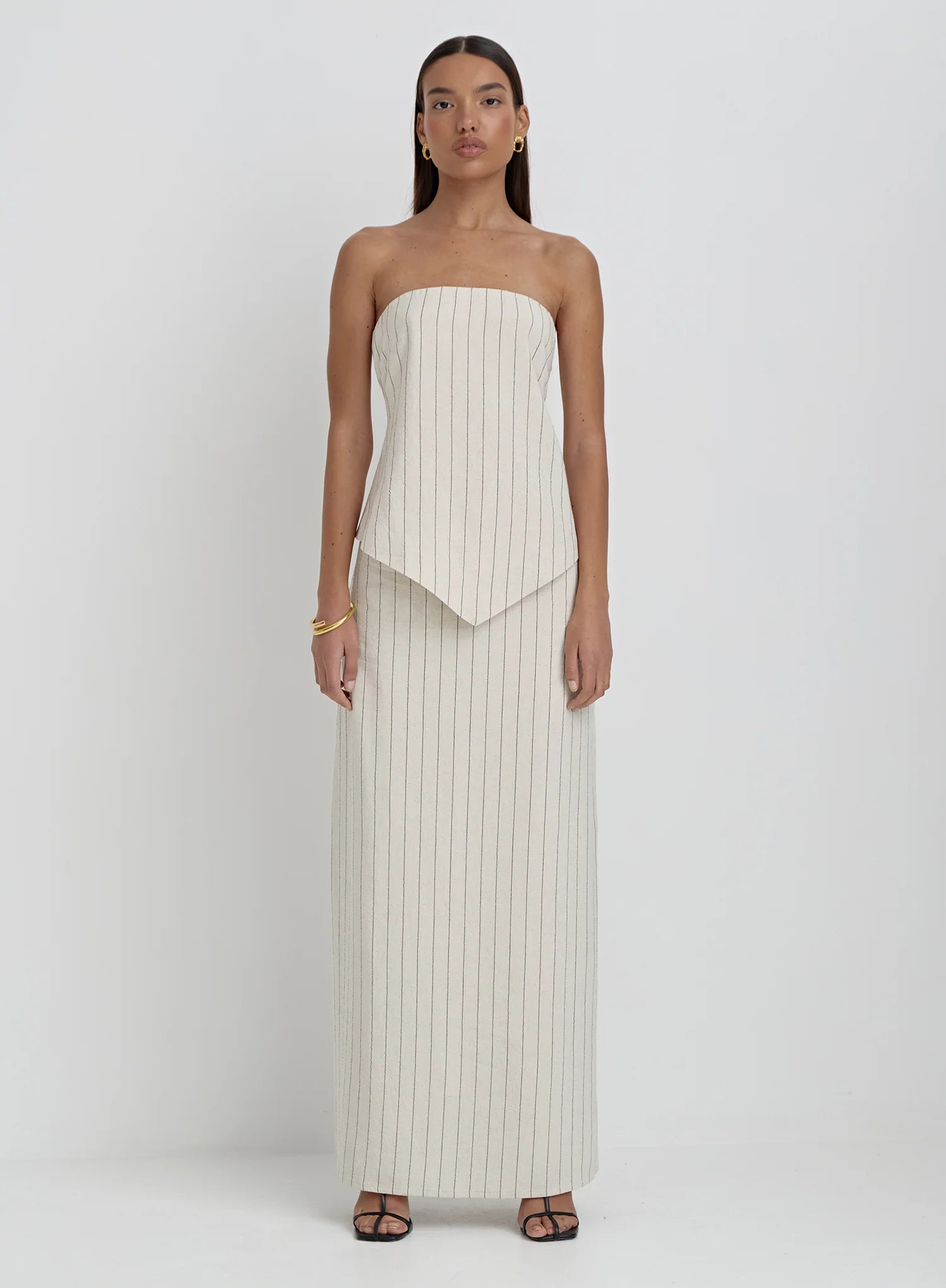 Beige Striped Linen Maxi Skirt