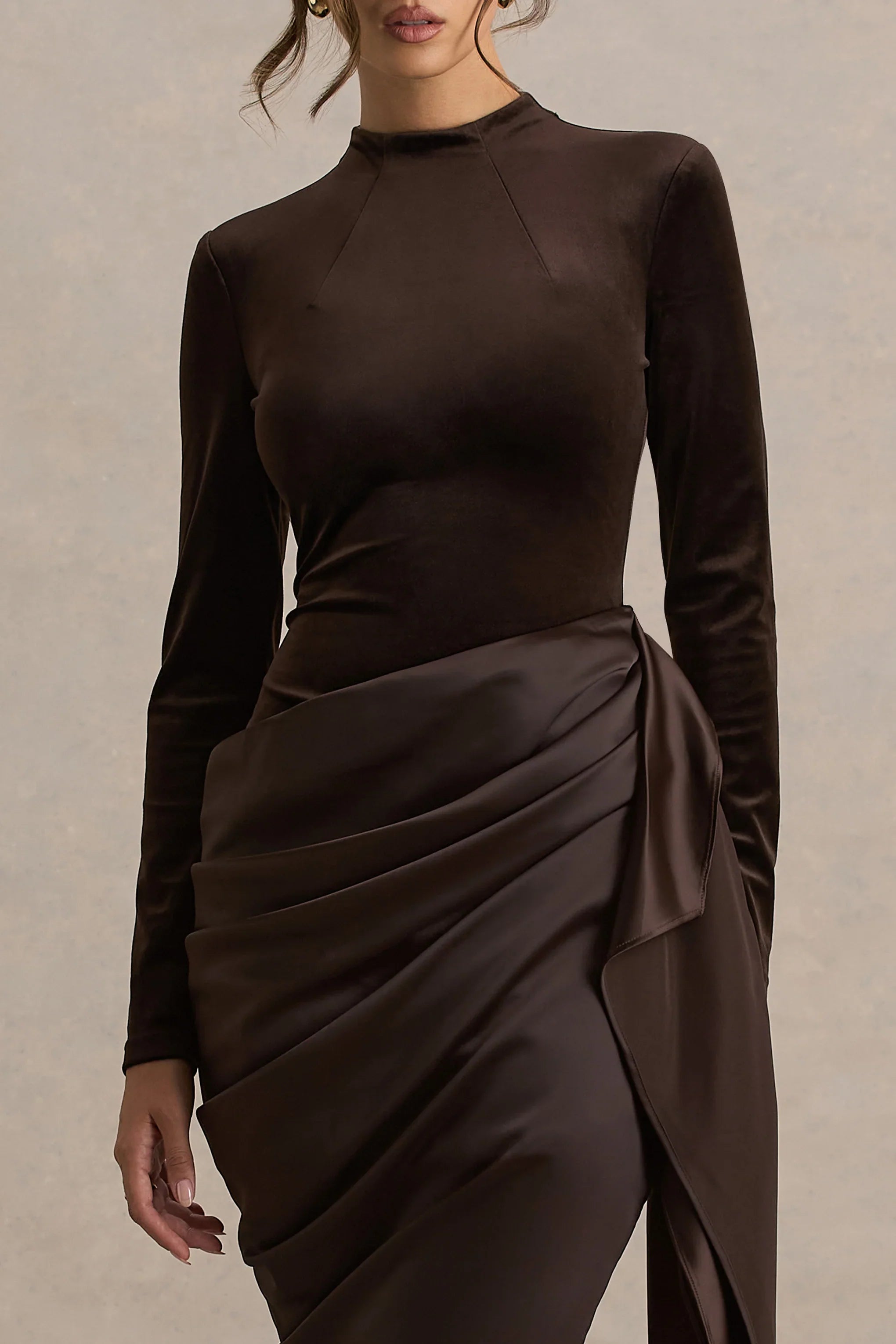 Sasha Brown Satin And Velvet Midi Dress With Wrap Detail